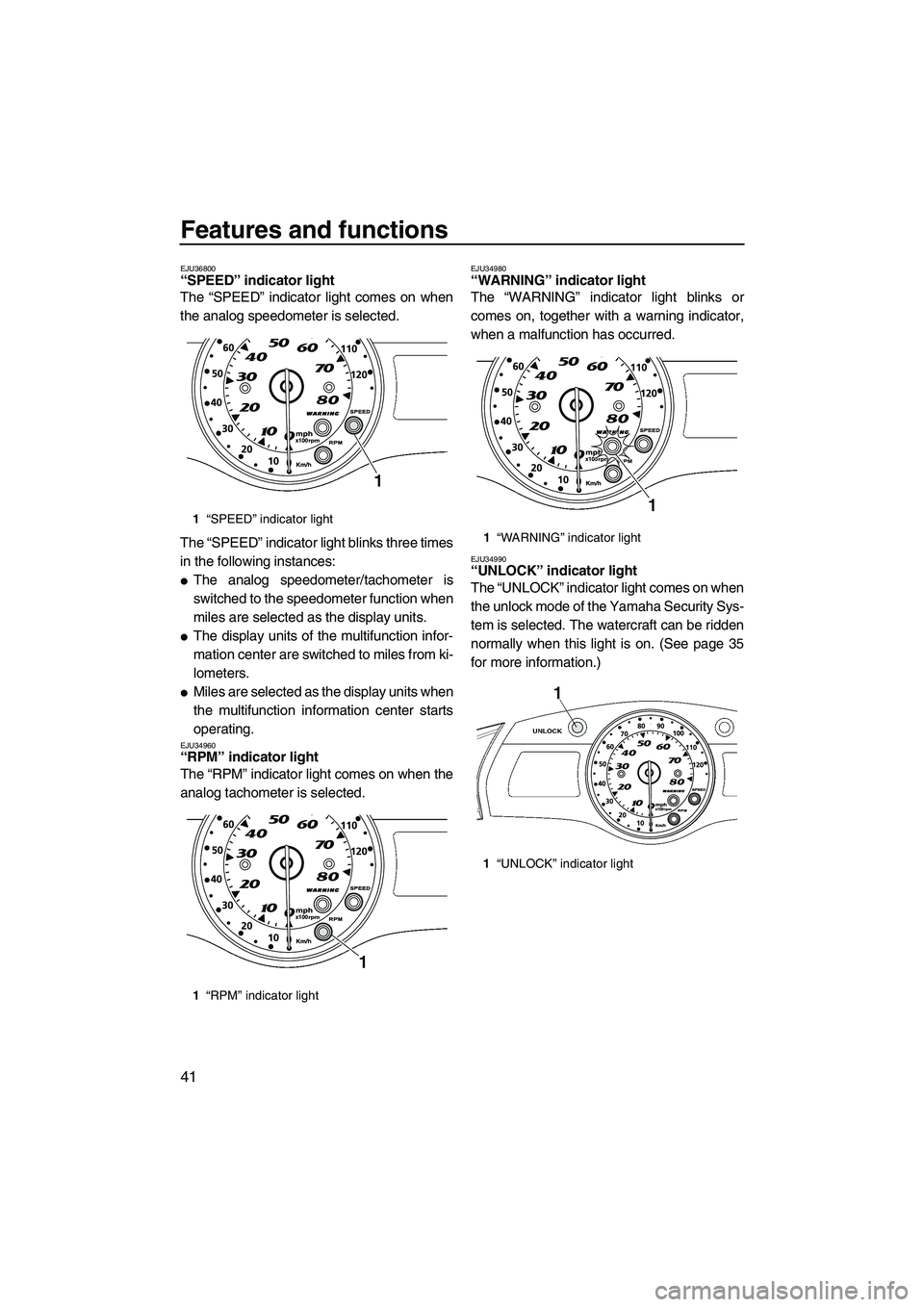 YAMAHA FX HO CRUISER 2009 Service Manual Features and functions
41
EJU36800“SPEED” indicator light 
The “SPEED” indicator light comes on when
the analog speedometer is selected.
The “SPEED” indicator light blinks three times
in t