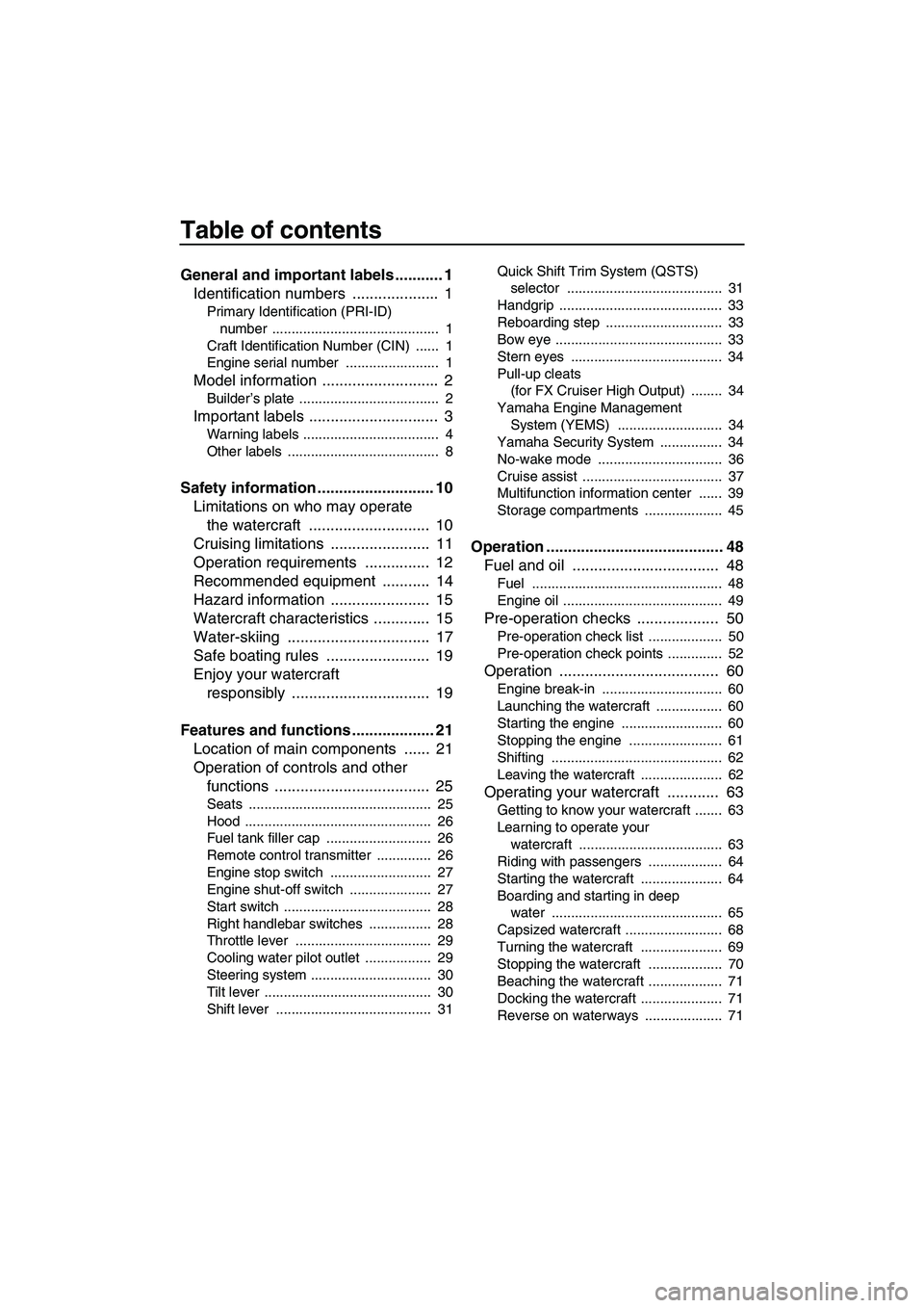 YAMAHA FX HO CRUISER 2009  Owners Manual Table of contents
General and important labels ........... 1
Identification numbers  ....................  1
Primary Identification (PRI-ID) 
number ...........................................  1
Craf