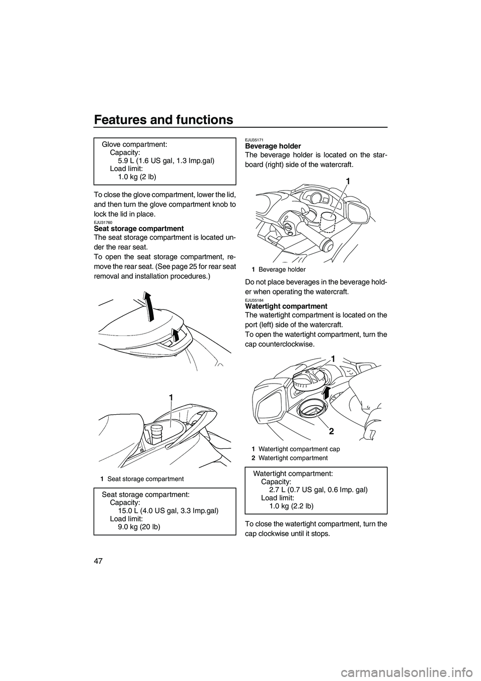 YAMAHA FX HO CRUISER 2009 Workshop Manual Features and functions
47
To close the glove compartment, lower the lid,
and then turn the glove compartment knob to
lock the lid in place.
EJU31760Seat storage compartment 
The seat storage compartme