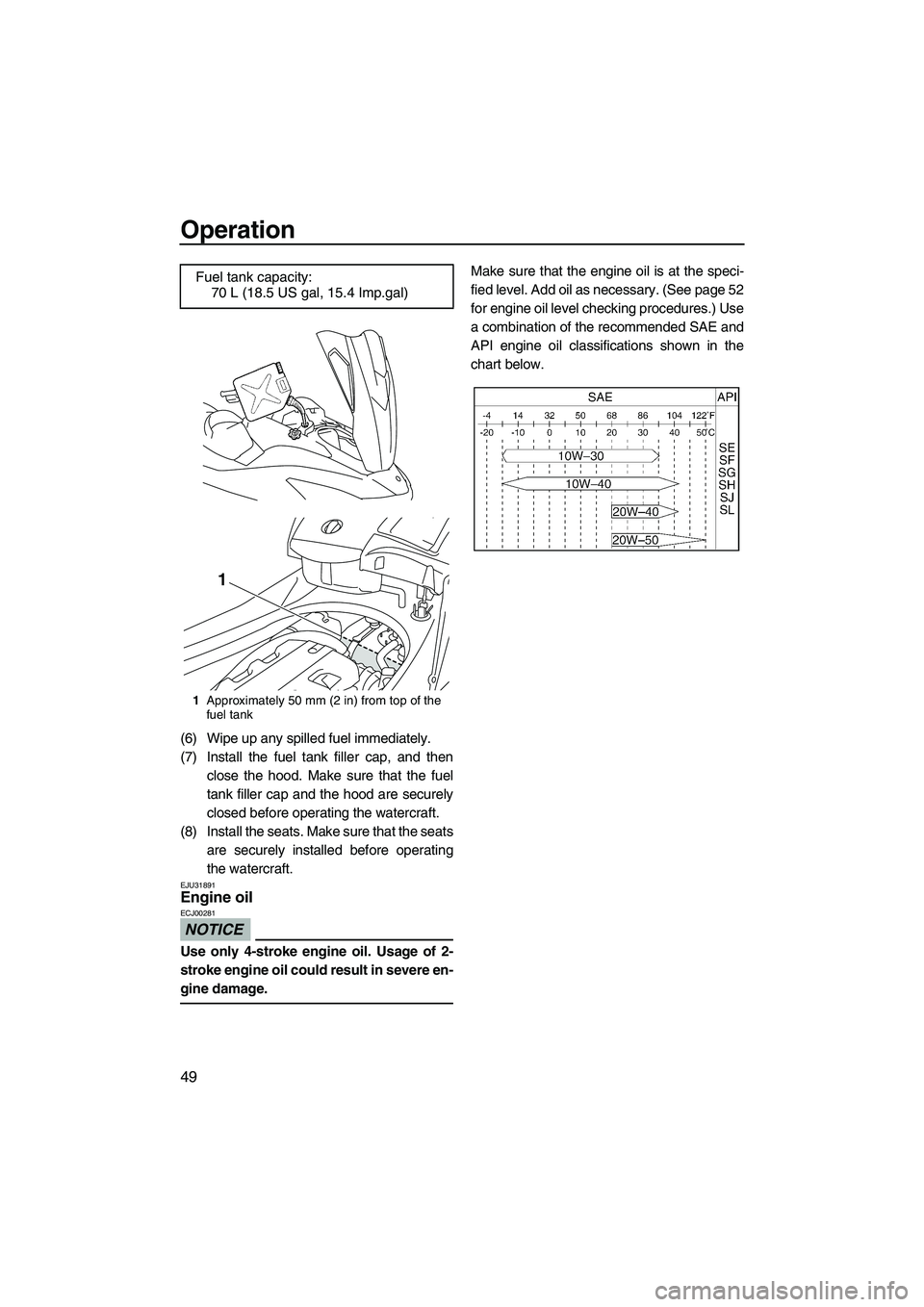 YAMAHA FX HO CRUISER 2009  Owners Manual Operation
49
(6) Wipe up any spilled fuel immediately.
(7) Install the fuel tank filler cap, and then
close the hood. Make sure that the fuel
tank filler cap and the hood are securely
closed before op
