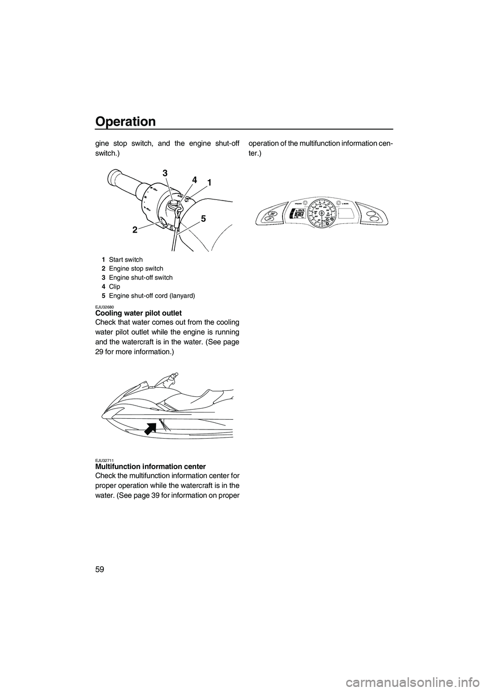 YAMAHA FX HO CRUISER 2009 Repair Manual Operation
59
gine stop switch, and the engine shut-off
switch.)
EJU32680Cooling water pilot outlet 
Check that water comes out from the cooling
water pilot outlet while the engine is running
and the w