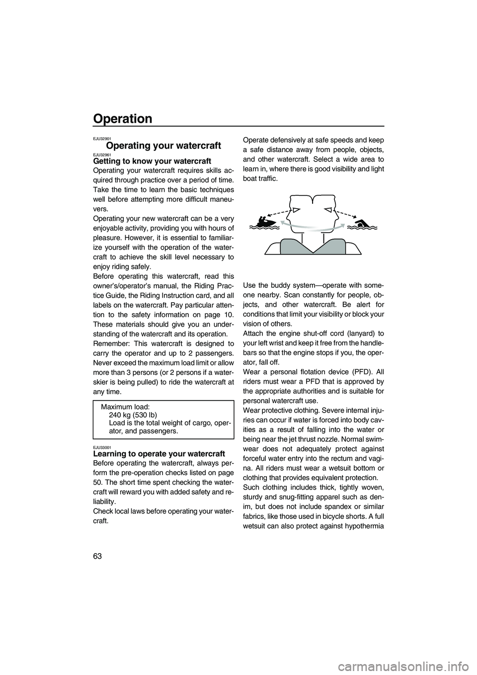 YAMAHA FX HO CRUISER 2009 Repair Manual Operation
63
EJU32901
Operating your watercraft EJU32961Getting to know your watercraft 
Operating your watercraft requires skills ac-
quired through practice over a period of time.
Take the time to l