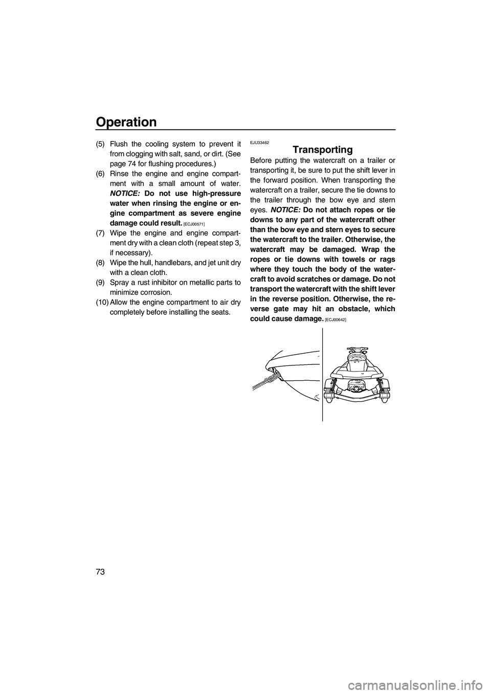 YAMAHA FX HO CRUISER 2009  Owners Manual Operation
73
(5) Flush the cooling system to prevent it
from clogging with salt, sand, or dirt. (See
page 74 for flushing procedures.)
(6) Rinse the engine and engine compart-
ment with a small amount