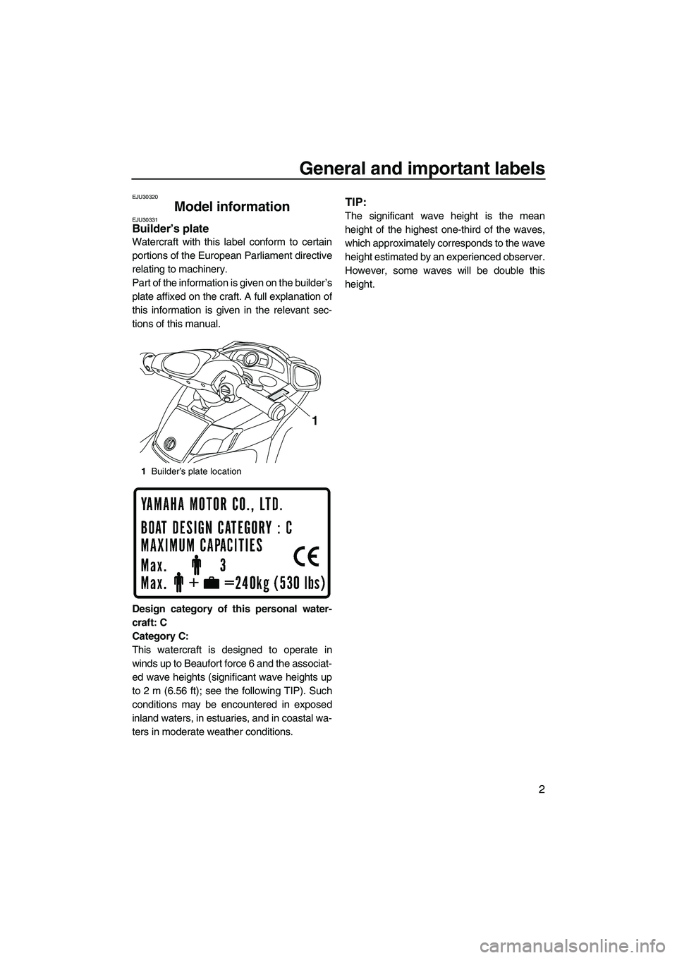 YAMAHA FX HO CRUISER 2009 Owners Manual General and important labels
2
EJU30320
Model information EJU30331Builder’s plate
Watercraft with this label conform to certain
portions of the European Parliament directive
relating to machinery.
YAMAHA FX HO CRUISER 2009 Owners Manual General and important labels
2
EJU30320
Model information EJU30331Builder’s plate
Watercraft with this label conform to certain
portions of the European Parliament directive
relating to machinery.