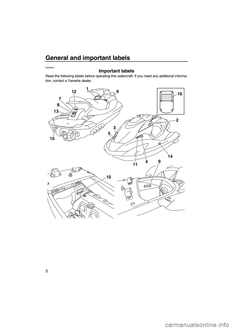 YAMAHA FX HO CRUISER 2009 Owners Manual General and important labels
3
EJU30451
Important labels
Read the following labels before operating this watercraft. If you need any additional informa-
tion, contact a Yamaha dealer.
15
1387121
6
4
YAMAHA FX HO CRUISER 2009 Owners Manual General and important labels
3
EJU30451
Important labels
Read the following labels before operating this watercraft. If you need any additional informa-
tion, contact a Yamaha dealer.
15
1387121
6
4