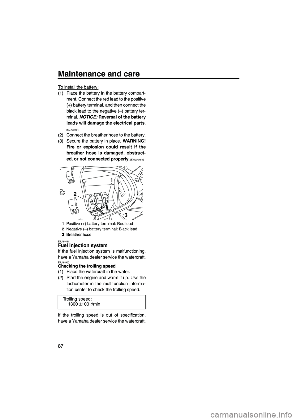 YAMAHA FX HO CRUISER 2009  Owners Manual Maintenance and care
87
To install the battery:
(1) Place the battery in the battery compart-
ment. Connect the red lead to the positive
(+) battery terminal, and then connect the
black lead to the ne