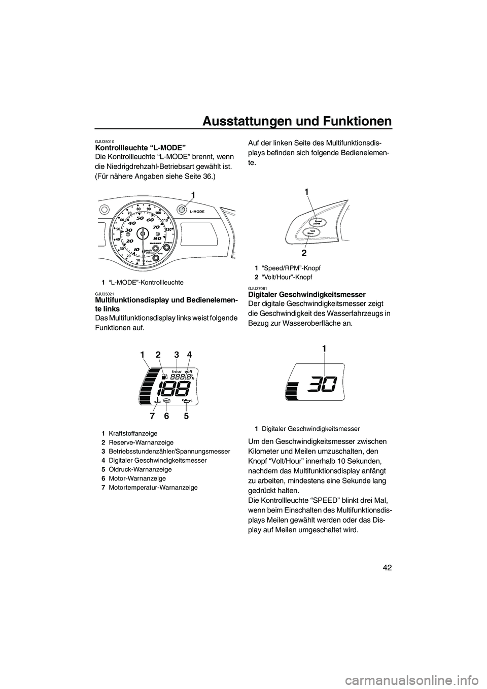 YAMAHA FX HO CRUISER 2009  Betriebsanleitungen (in German) Ausstattungen und Funktionen
42
GJU35010Kontrollleuchte “L-MODE” 
Die Kontrollleuchte “L-MODE” brennt, wenn 
die Niedrigdrehzahl-Betriebsart gewählt ist. 
(Für nähere Angaben siehe Seite 36