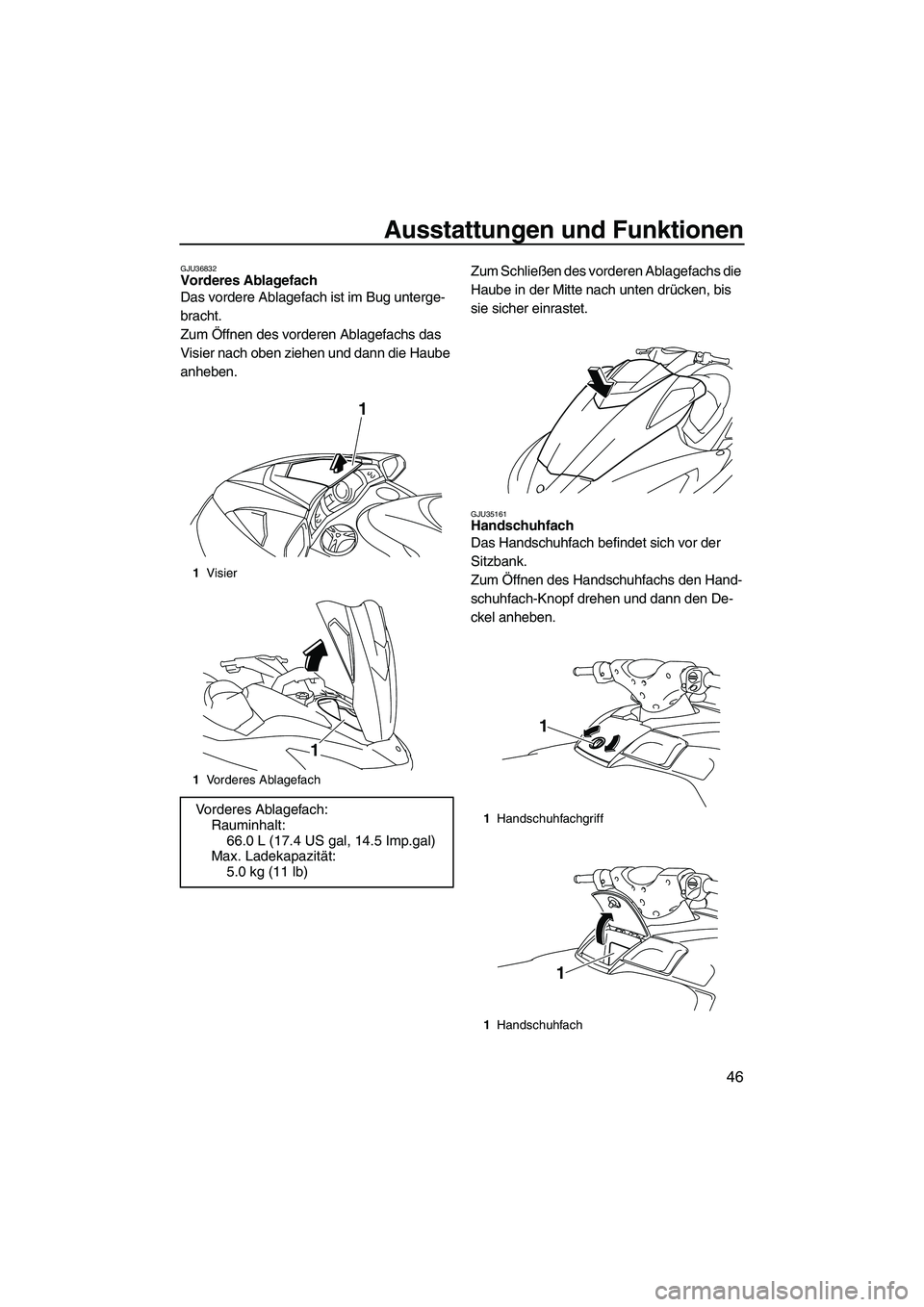 YAMAHA FX HO CRUISER 2009  Betriebsanleitungen (in German) Ausstattungen und Funktionen
46
GJU36832Vorderes Ablagefach 
Das vordere Ablagefach ist im Bug unterge-
bracht.
Zum Öffnen des vorderen Ablagefachs das 
Visier nach oben ziehen und dann die Haube 
an