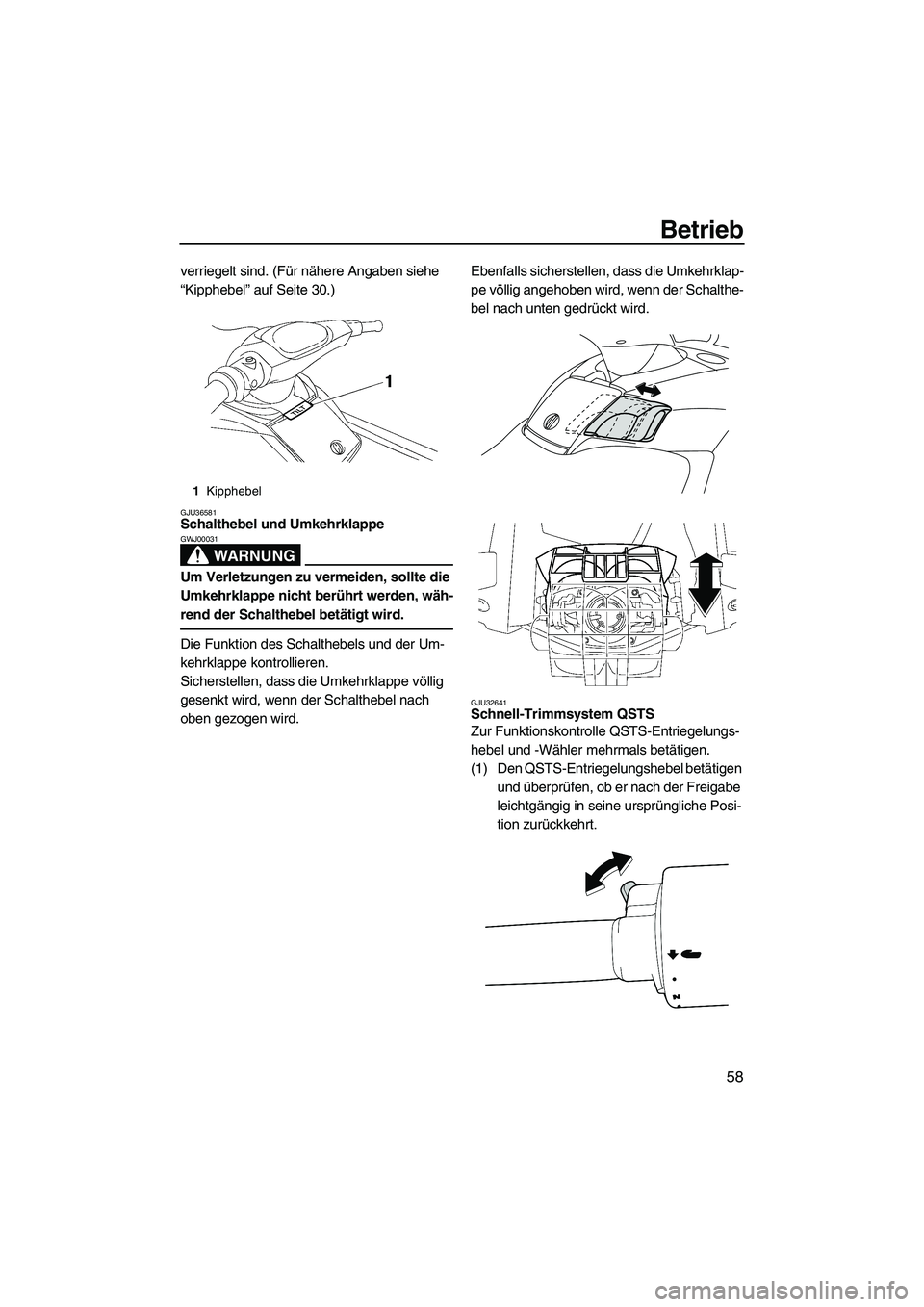 YAMAHA FX HO CRUISER 2009  Betriebsanleitungen (in German) Betrieb
58
verriegelt sind. (Für nähere Angaben siehe 
“Kipphebel” auf Seite 30.)
GJU36581Schalthebel und Umkehrklappe 
WARNUNG
GWJ00031
Um Verletzungen zu vermeiden, sollte die 
Umkehrklappe ni