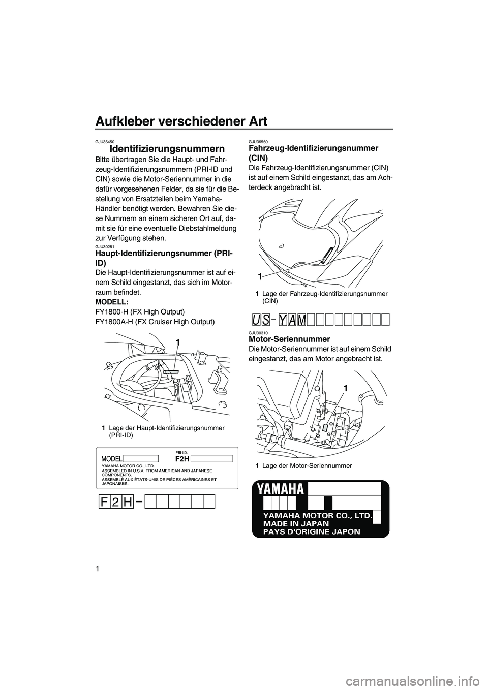 YAMAHA FX HO CRUISER 2009 Betriebsanleitungen (in German) Aufkleber verschiedener Art
1
GJU36450
Identifizierungsnummern
Bitte übertragen Sie die Haupt- und Fahr-
zeug-Identifizierungsnummern (PRI-ID und
CIN) sowie die Motor-Seriennummer in die
dafür vo YAMAHA FX HO CRUISER 2009 Betriebsanleitungen (in German) Aufkleber verschiedener Art
1
GJU36450
Identifizierungsnummern
Bitte übertragen Sie die Haupt- und Fahr-
zeug-Identifizierungsnummern (PRI-ID und
CIN) sowie die Motor-Seriennummer in die
dafür vo