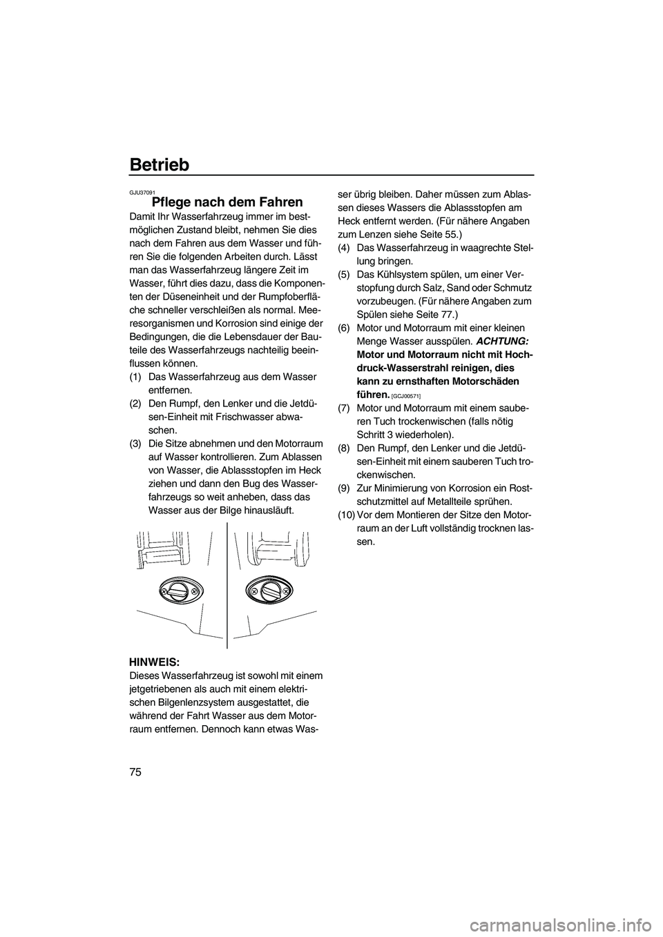 YAMAHA FX HO CRUISER 2009  Betriebsanleitungen (in German) Betrieb
75
GJU37091
Pflege nach dem Fahren 
Damit Ihr Wasserfahrzeug immer im best-
möglichen Zustand bleibt, nehmen Sie dies 
nach dem Fahren aus dem Wasser und füh-
ren Sie die folgenden Arbeiten 