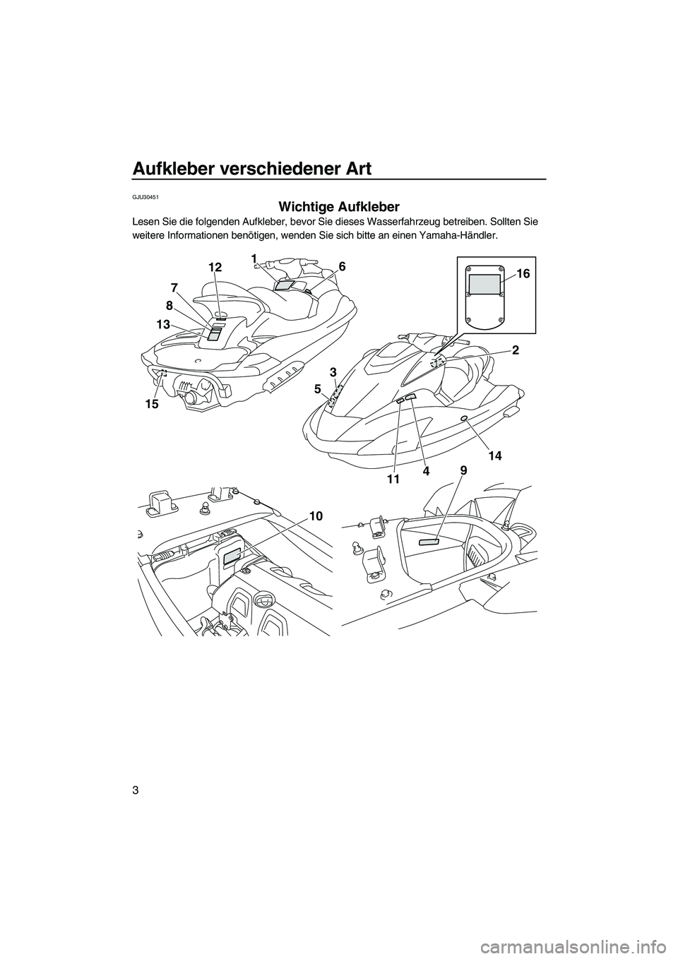 YAMAHA FX HO CRUISER 2009 Betriebsanleitungen (in German) Aufkleber verschiedener Art
3
GJU30451
Wichtige Aufkleber
Lesen Sie die folgenden Aufkleber, bevor Sie dieses Wasserfahrzeug betreiben. Sollten Sie
weitere Informationen benötigen, wenden Sie sich YAMAHA FX HO CRUISER 2009 Betriebsanleitungen (in German) Aufkleber verschiedener Art
3
GJU30451
Wichtige Aufkleber
Lesen Sie die folgenden Aufkleber, bevor Sie dieses Wasserfahrzeug betreiben. Sollten Sie
weitere Informationen benötigen, wenden Sie sich