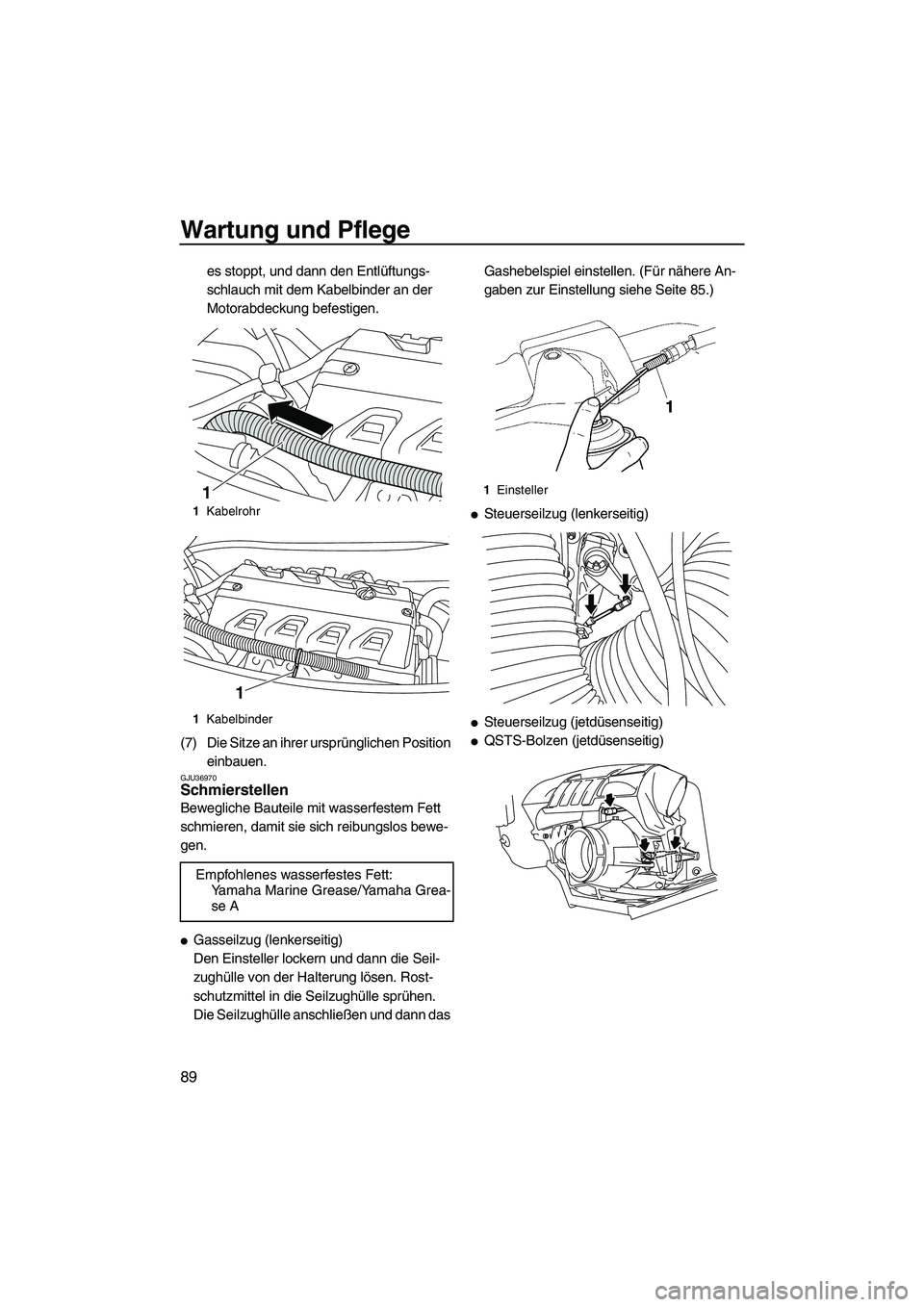 YAMAHA FX HO CRUISER 2009  Betriebsanleitungen (in German) Wartung und Pflege
89
es stoppt, und dann den Entlüftungs-
schlauch mit dem Kabelbinder an der 
Motorabdeckung befestigen.
(7) Die Sitze an ihrer ursprünglichen Position 
einbauen.
GJU36970Schmierst