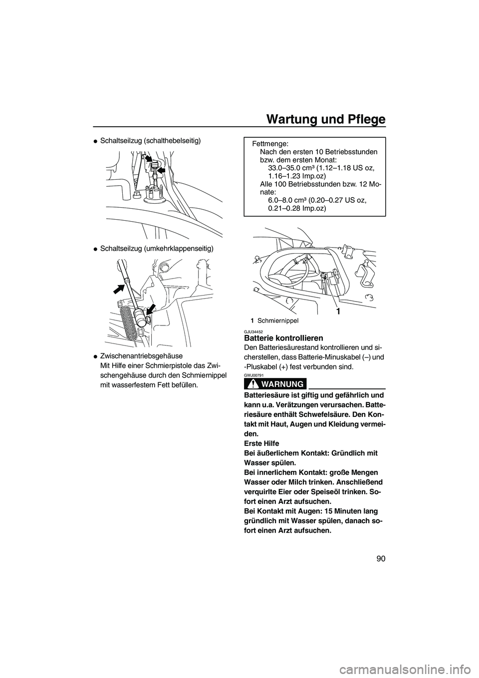 YAMAHA FX HO CRUISER 2009  Betriebsanleitungen (in German) Wartung und Pflege
90
Schaltseilzug (schalthebelseitig)
Schaltseilzug (umkehrklappenseitig)
Zwischenantriebsgehäuse
Mit Hilfe einer Schmierpistole das Zwi-
schengehäuse durch den Schmiernippel 
m