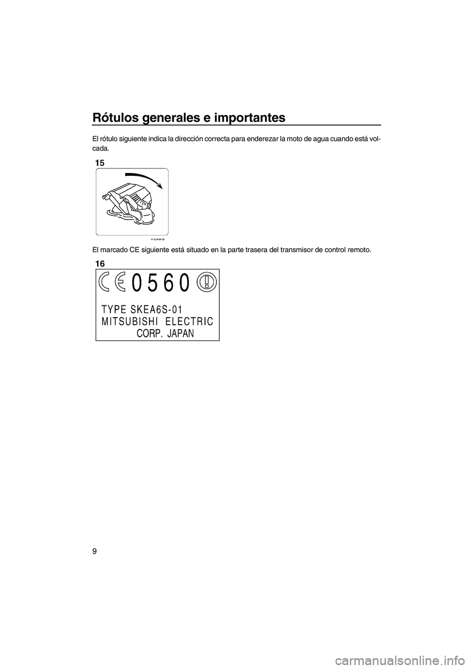 YAMAHA FX HO CRUISER 2009  Manuale de Empleo (in Spanish) Rótulos generales e importantes
9
El rótulo siguiente indica la dirección correcta para enderezar la moto de agua cuando está vol-
cada.
El marcado CE siguiente está situado en la parte trasera d