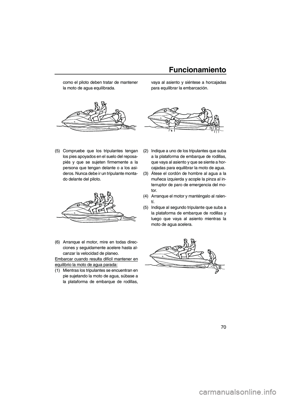 YAMAHA FX HO CRUISER 2009  Manuale de Empleo (in Spanish) Funcionamiento
70
como el piloto deben tratar de mantener
la moto de agua equilibrada.
(5) Compruebe que los tripulantes tengan
los pies apoyados en el suelo del reposa-
piés y que se sujeten firmeme