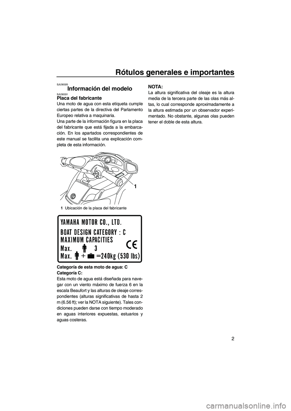 YAMAHA FX HO CRUISER 2009 Manuale de Empleo (in Spanish) Rótulos generales e importantes
2
SJU30320
Información del modelo SJU30331Placa del fabricante
Una moto de agua con esta etiqueta cumple
ciertas partes de la directiva del Parlamento
Europeo relati YAMAHA FX HO CRUISER 2009 Manuale de Empleo (in Spanish) Rótulos generales e importantes
2
SJU30320
Información del modelo SJU30331Placa del fabricante
Una moto de agua con esta etiqueta cumple
ciertas partes de la directiva del Parlamento
Europeo relati