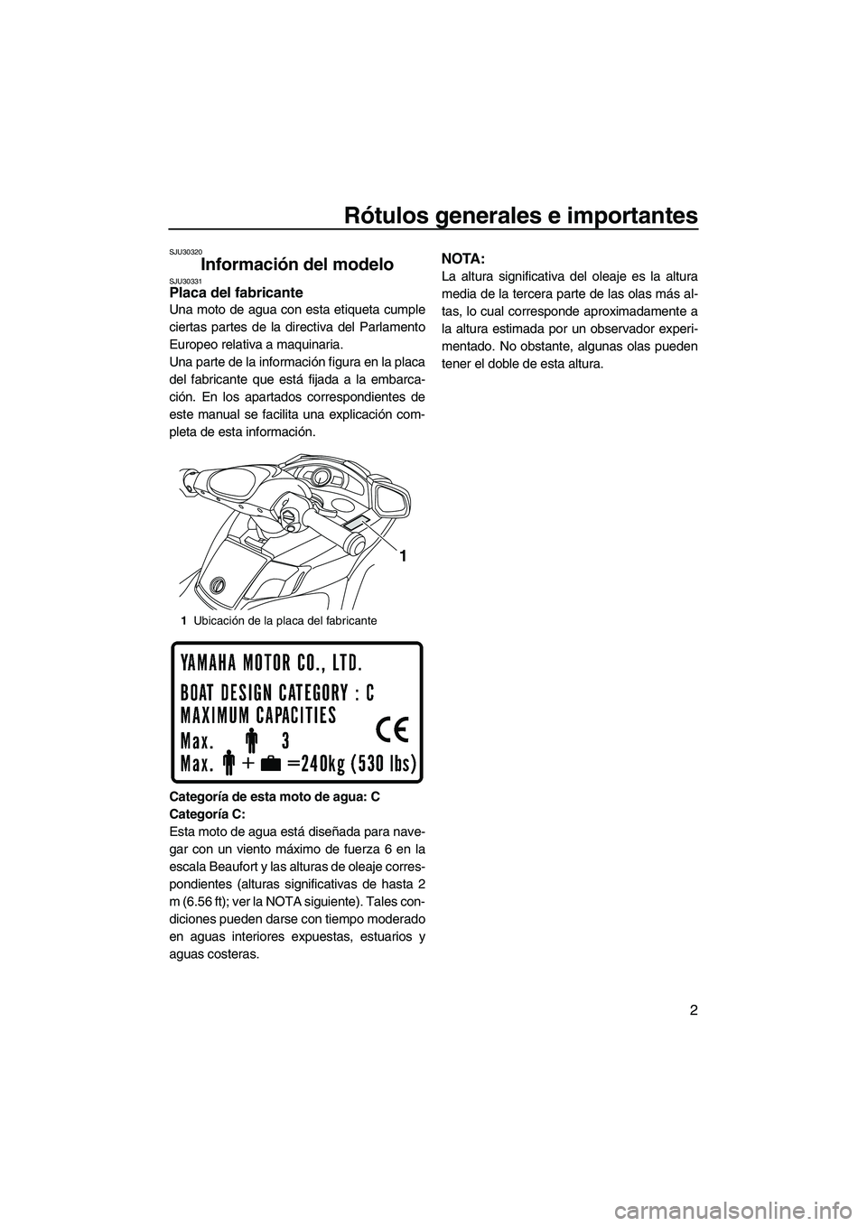 YAMAHA FX HO CRUISER 2009  Manuale de Empleo (in Spanish) Rótulos generales e importantes
2
SJU30320
Información del modelo SJU30331Placa del fabricante 
Una moto de agua con esta etiqueta cumple
ciertas partes de la directiva del Parlamento
Europeo relati