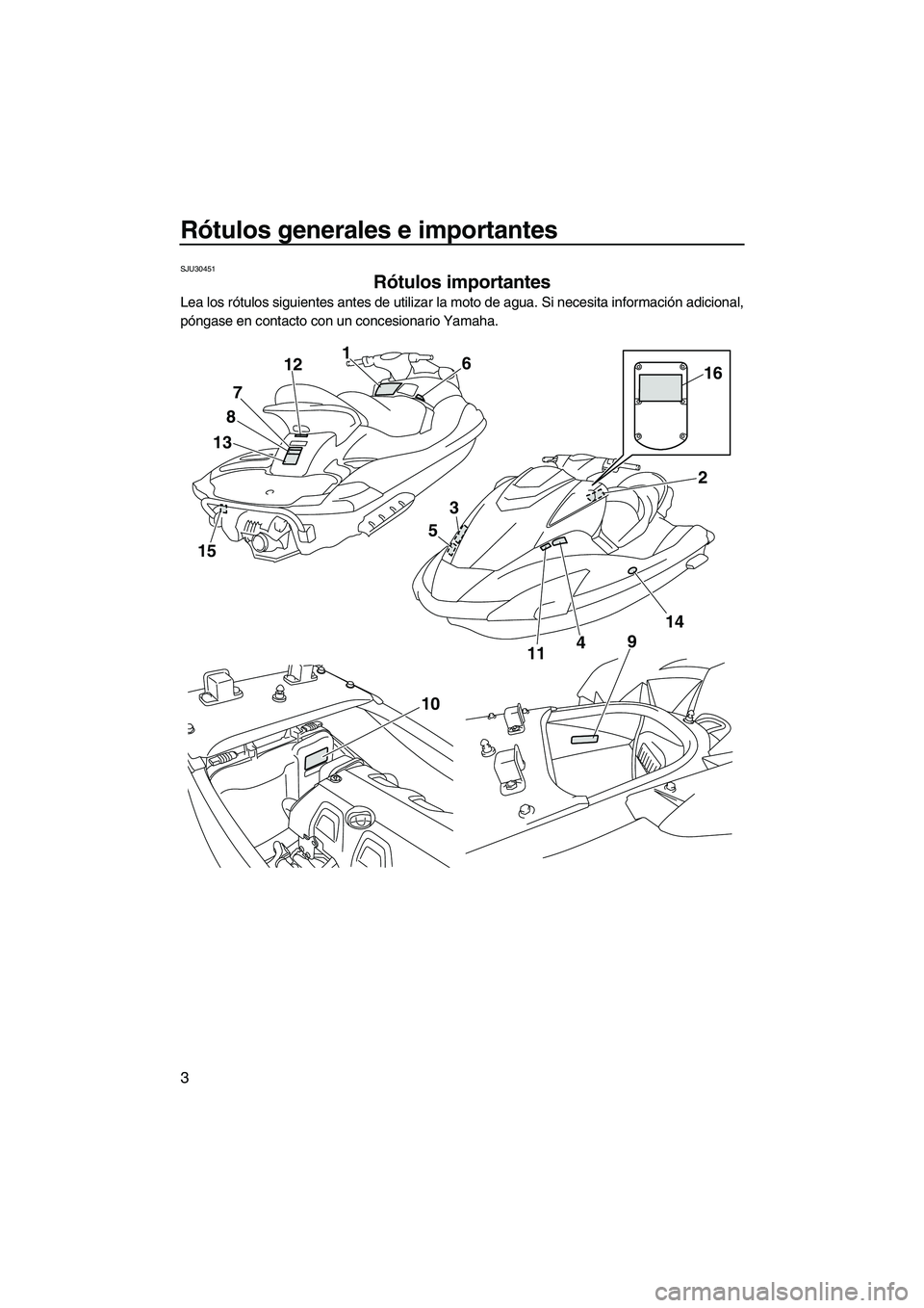 YAMAHA FX HO CRUISER 2009  Manuale de Empleo (in Spanish) Rótulos generales e importantes
3
SJU30451
Rótulos importantes 
Lea los rótulos siguientes antes de utilizar la moto de agua. Si necesita información adicional,
póngase en contacto con un concesi