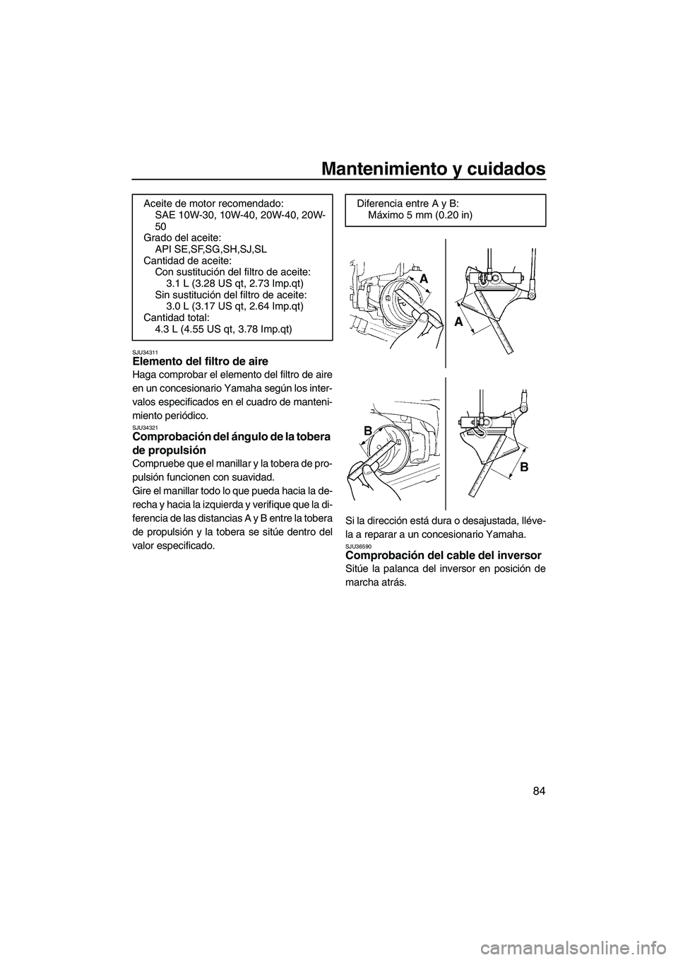 YAMAHA FX HO CRUISER 2009  Manuale de Empleo (in Spanish) Mantenimiento y cuidados
84
SJU34311Elemento del filtro de aire 
Haga comprobar el elemento del filtro de aire
en un concesionario Yamaha según los inter-
valos especificados en el cuadro de manteni-
