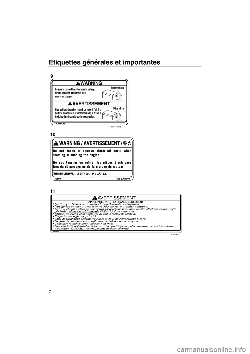 YAMAHA FX HO CRUISER 2009  Notices Demploi (in French) Etiquettes générales et importantes
7
UF2H70F0.book  Page 7  Friday, January 16, 2009  9:38 AM 
