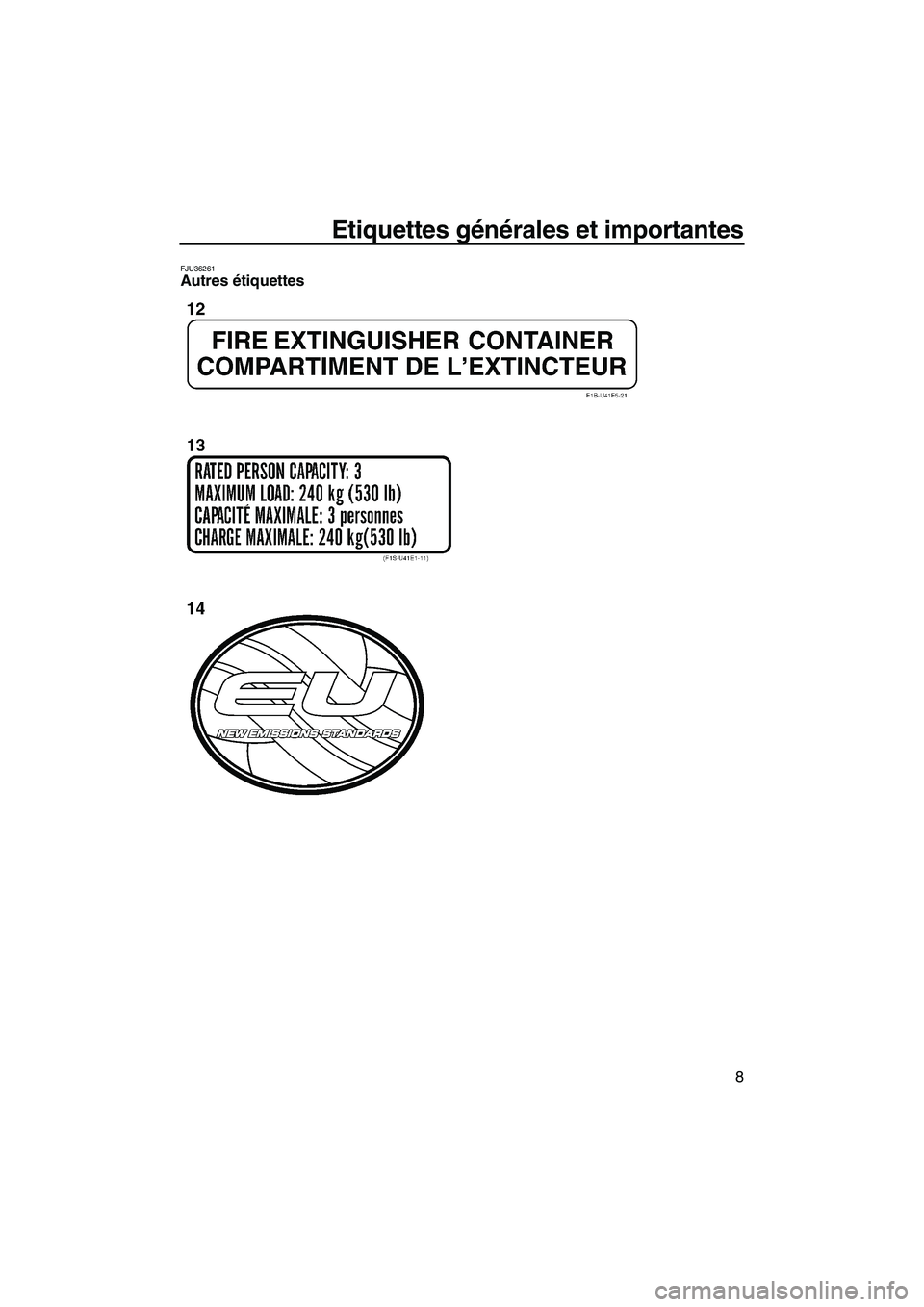 YAMAHA FX HO CRUISER 2009  Notices Demploi (in French) Etiquettes générales et importantes
8
FJU36261Autres étiquettes 
UF2H70F0.book  Page 8  Friday, January 16, 2009  9:38 AM 