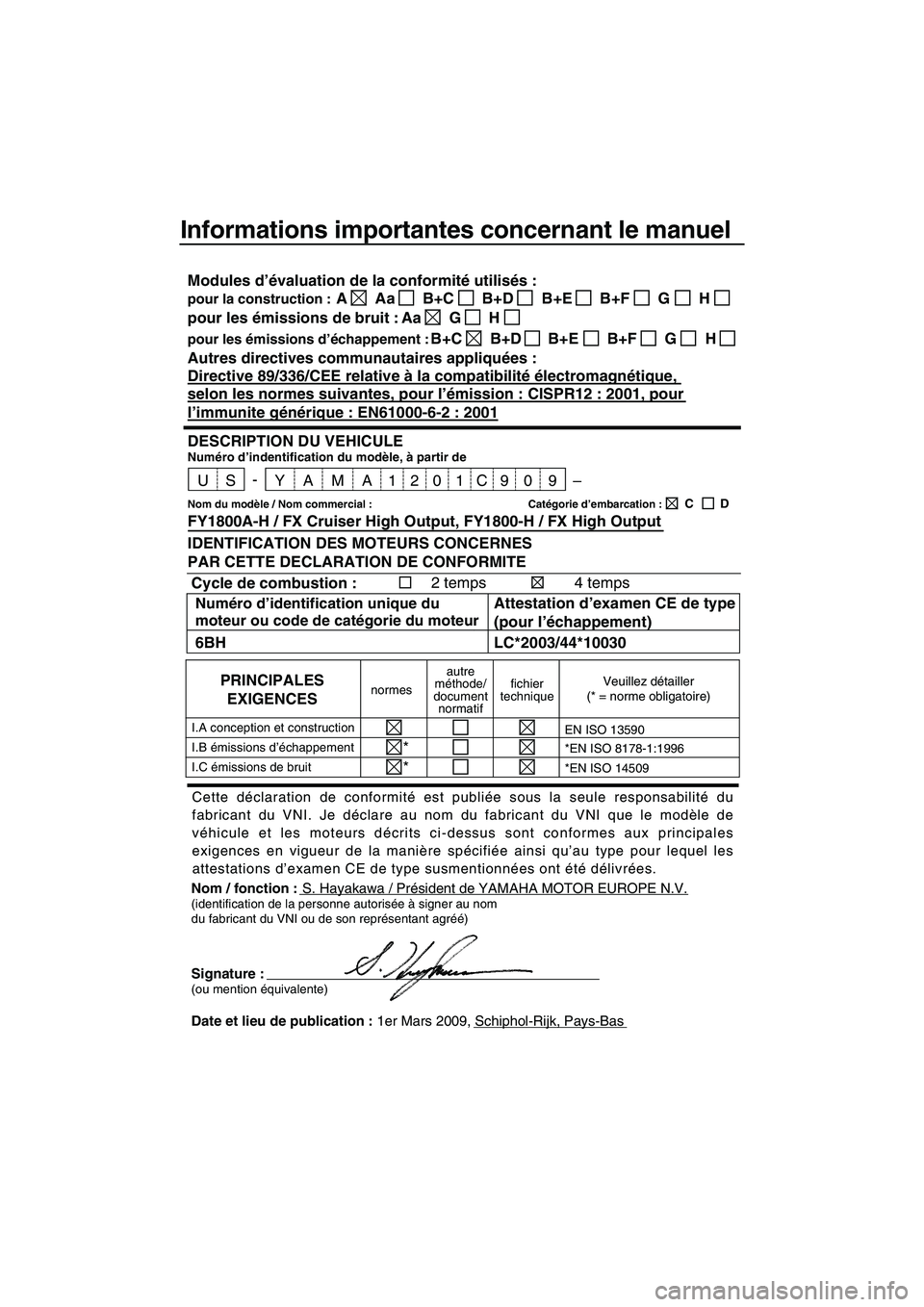 YAMAHA FX HO CRUISER 2009 Notices Demploi (in French) Informations importantes concernant le manuel
Nom / fonction :S. Hayakawa / Président de YAMAHA MOTOR EUROPE N.V.(identification de la personne autorisée à signer au nom
du fabricant du VNI ou de s YAMAHA FX HO CRUISER 2009 Notices Demploi (in French) Informations importantes concernant le manuel
Nom / fonction :S. Hayakawa / Président de YAMAHA MOTOR EUROPE N.V.(identification de la personne autorisée à signer au nom
du fabricant du VNI ou de s