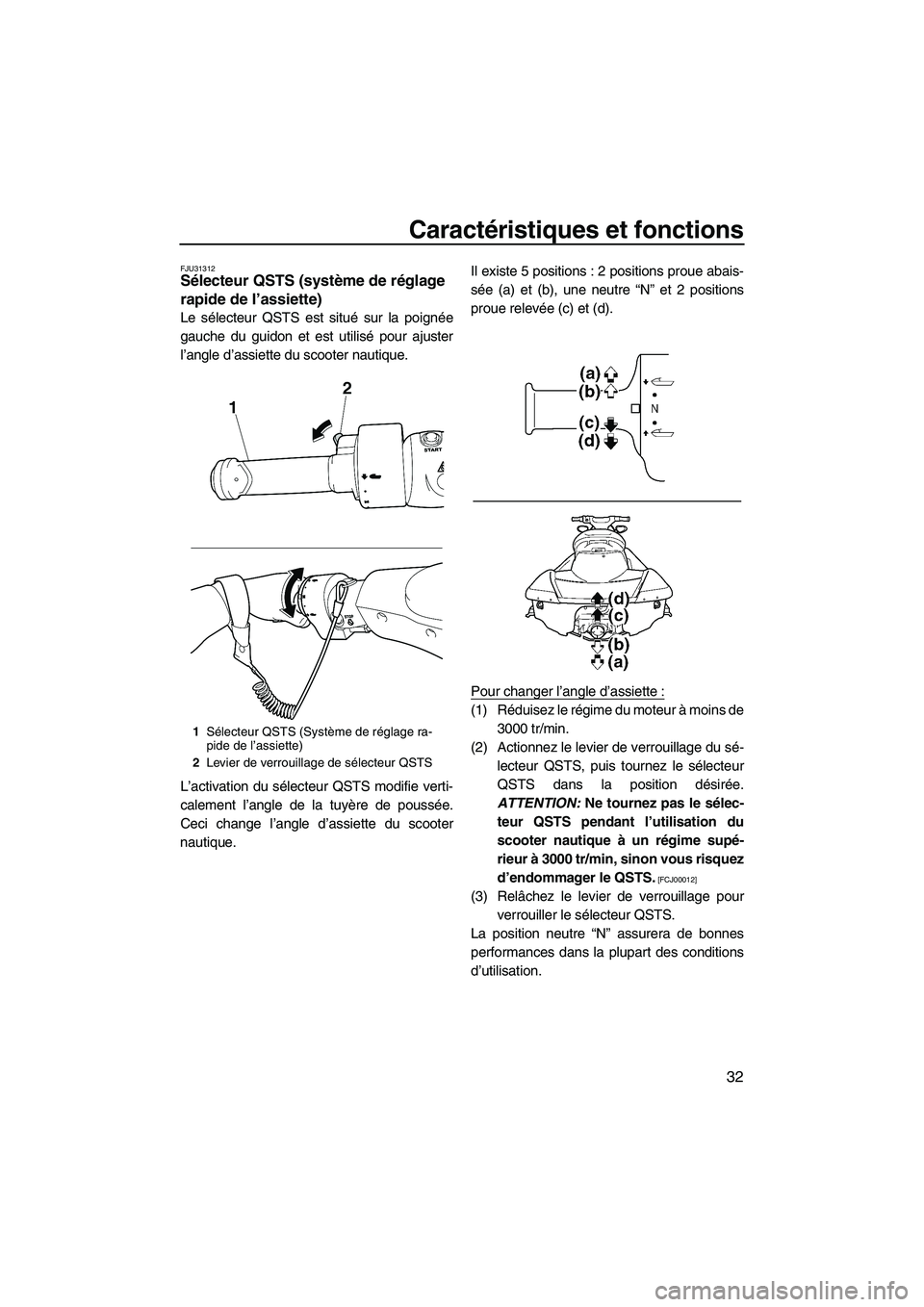 YAMAHA FX HO CRUISER 2009  Notices Demploi (in French) Caractéristiques et fonctions
32
FJU31312Sélecteur QSTS (système de réglage 
rapide de l’assiette) 
Le sélecteur QSTS est situé sur la poignée
gauche du guidon et est utilisé pour ajuster
l�