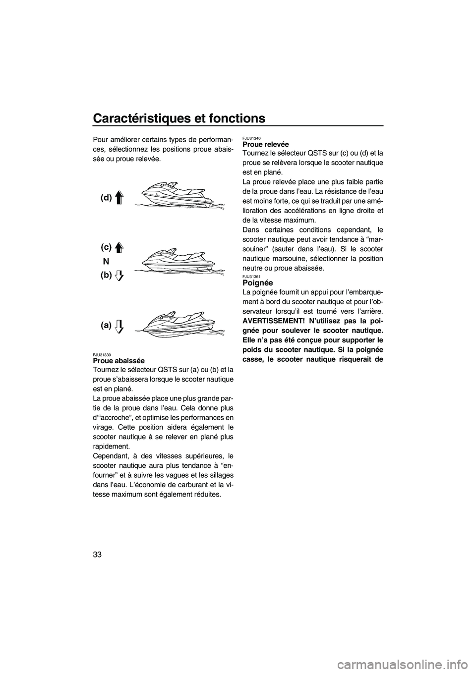 YAMAHA FX HO CRUISER 2009  Notices Demploi (in French) Caractéristiques et fonctions
33
Pour améliorer certains types de performan-
ces, sélectionnez les positions proue abais-
sée ou proue relevée.
FJU31330Proue abaissée 
Tournez le sélecteur QSTS