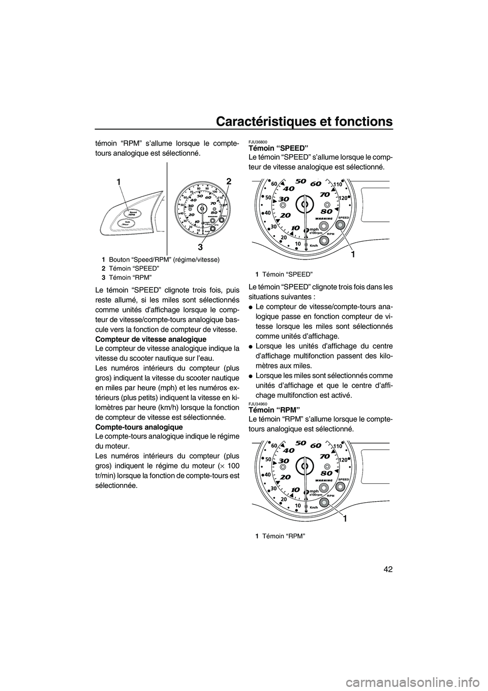 YAMAHA FX HO CRUISER 2009  Notices Demploi (in French) Caractéristiques et fonctions
42
témoin “RPM” s’allume lorsque le compte-
tours analogique est sélectionné.
Le témoin “SPEED” clignote trois fois, puis
reste allumé, si les miles sont 