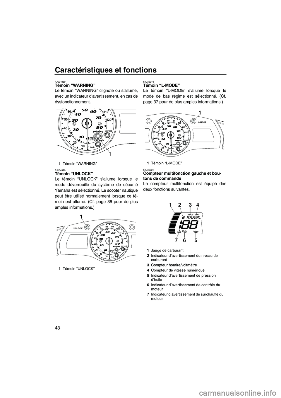 YAMAHA FX HO CRUISER 2009  Notices Demploi (in French) Caractéristiques et fonctions
43
FJU34980Témoin “WARNING” 
Le témoin “WARNING” clignote ou s’allume,
avec un indicateur d’avertissement, en cas de
dysfonctionnement.
FJU34990Témoin “