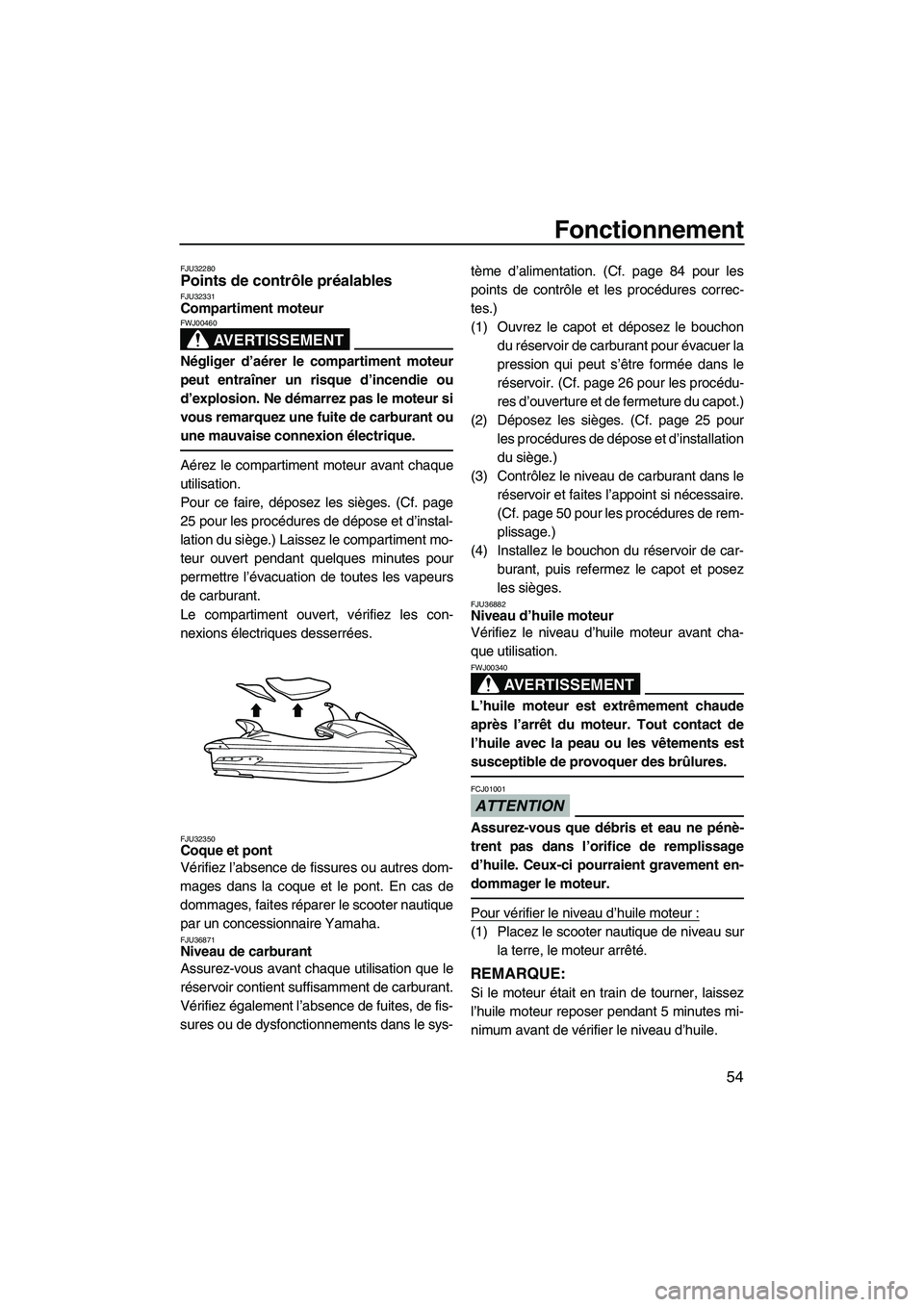 YAMAHA FX HO CRUISER 2009  Notices Demploi (in French) Fonctionnement
54
FJU32280Points de contrôle préalables FJU32331Compartiment moteur 
AVERTISSEMENT
FWJ00460
Négliger d’aérer le compartiment moteur
peut entraîner un risque d’incendie ou
d’