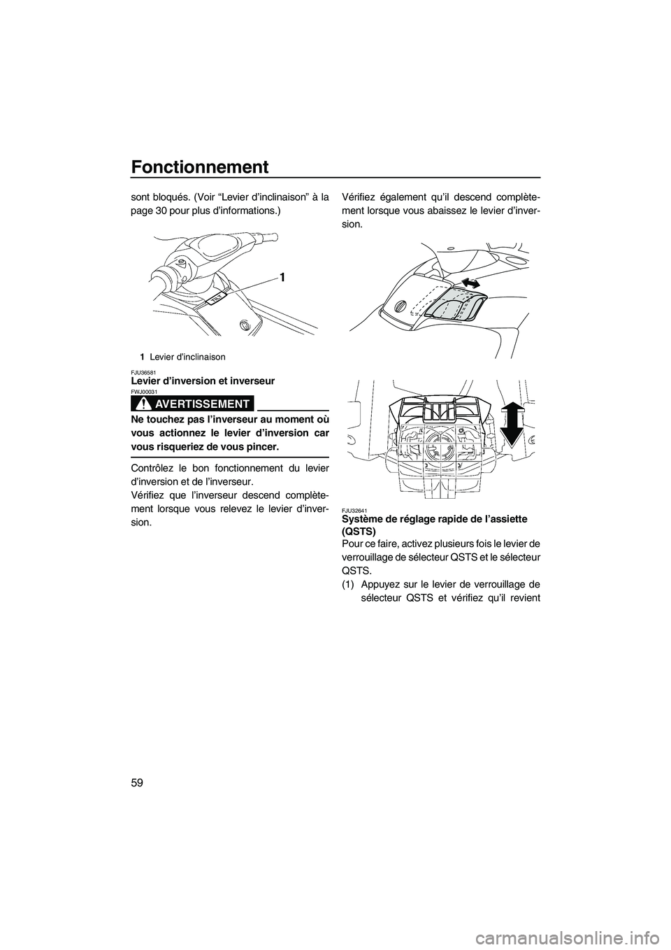 YAMAHA FX HO CRUISER 2009  Notices Demploi (in French) Fonctionnement
59
sont bloqués. (Voir “Levier d’inclinaison” à la
page 30 pour plus d’informations.)
FJU36581Levier d’inversion et inverseur 
AVERTISSEMENT
FWJ00031
Ne touchez pas l’inve
