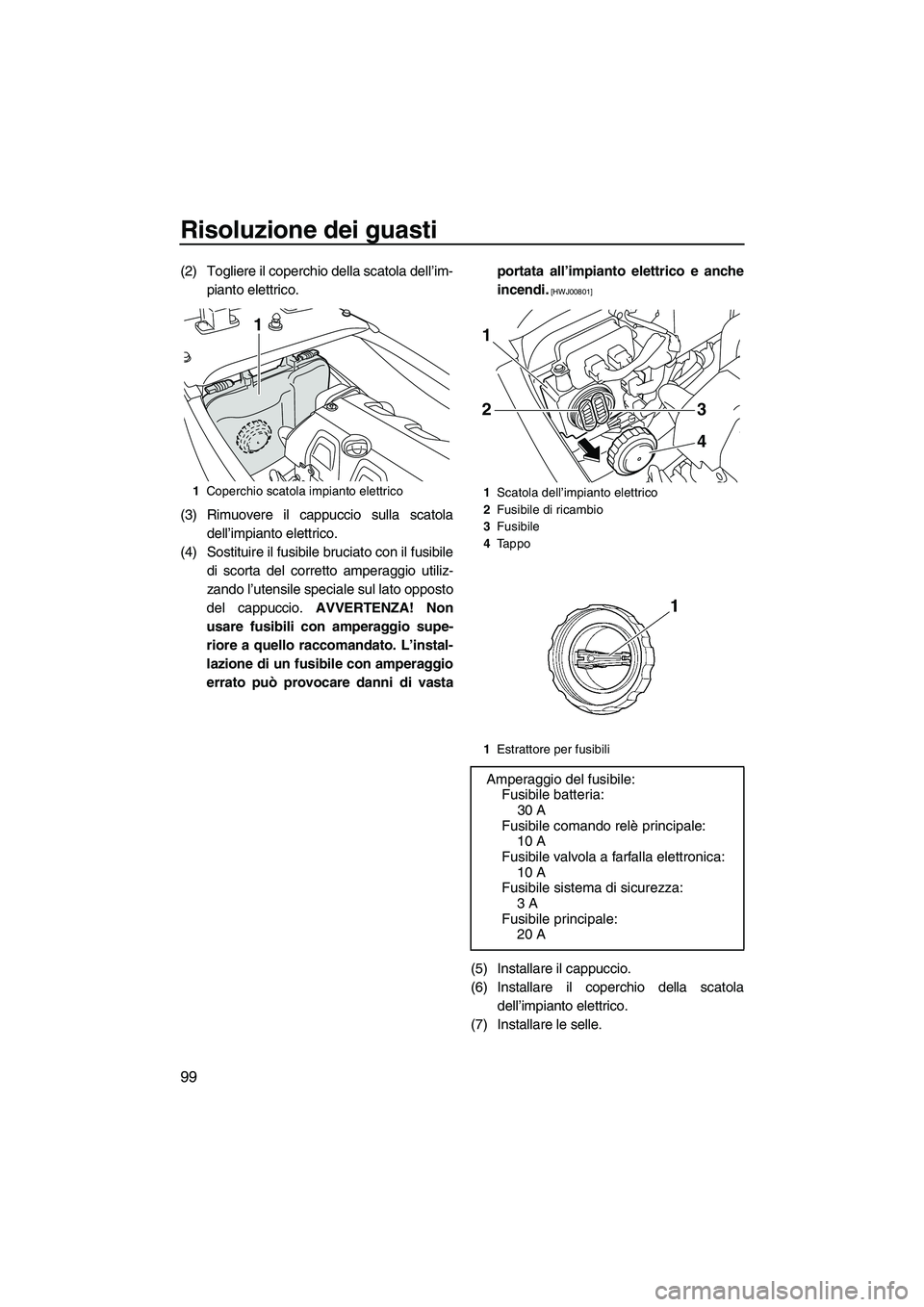YAMAHA FX HO CRUISER 2009  Manuale duso (in Italian) Risoluzione dei guasti
99
(2) Togliere il coperchio della scatola dell’im-
pianto elettrico.
(3) Rimuovere il cappuccio sulla scatola
dell’impianto elettrico.
(4) Sostituire il fusibile bruciato c