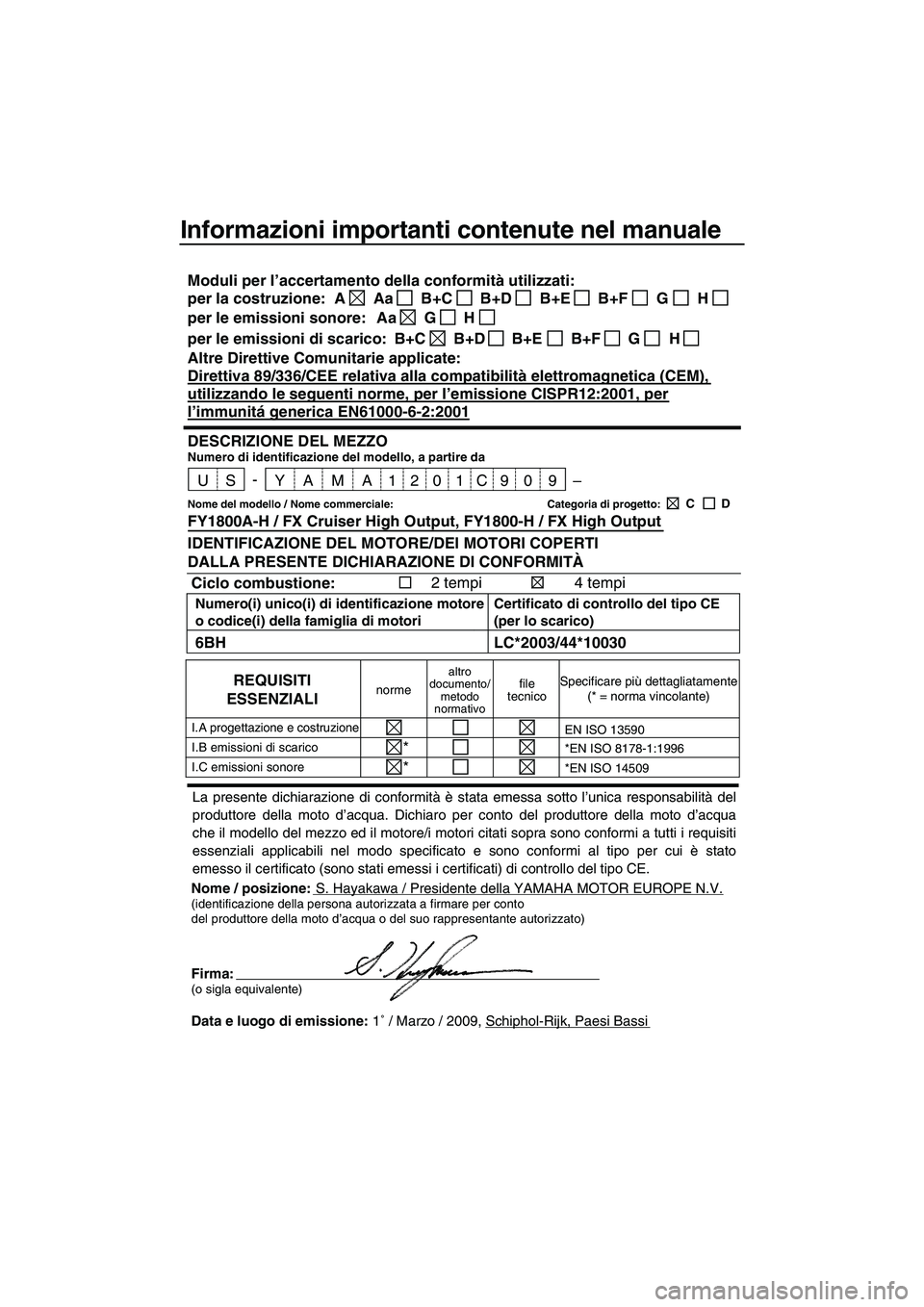 YAMAHA FX HO CRUISER 2009 Manuale duso (in Italian) Informazioni importanti contenute nel manuale
Nome / posizione:S. Hayakawa / Presidente della YAMAHA MOTOR EUROPE N.V.(identificazione della persona autorizzata a firmare per conto
del produttore dell YAMAHA FX HO CRUISER 2009 Manuale duso (in Italian) Informazioni importanti contenute nel manuale
Nome / posizione:S. Hayakawa / Presidente della YAMAHA MOTOR EUROPE N.V.(identificazione della persona autorizzata a firmare per conto
del produttore dell