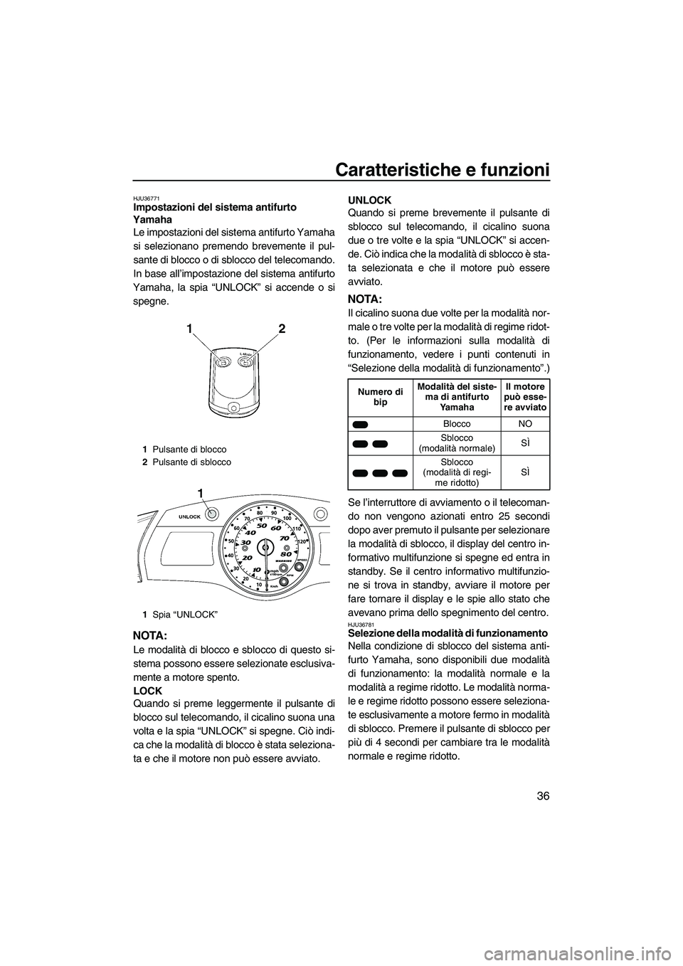 YAMAHA FX HO CRUISER 2009  Manuale duso (in Italian) Caratteristiche e funzioni
36
HJU36771Impostazioni del sistema antifurto 
Yamaha 
Le impostazioni del sistema antifurto Yamaha
si selezionano premendo brevemente il pul-
sante di blocco o di sblocco d