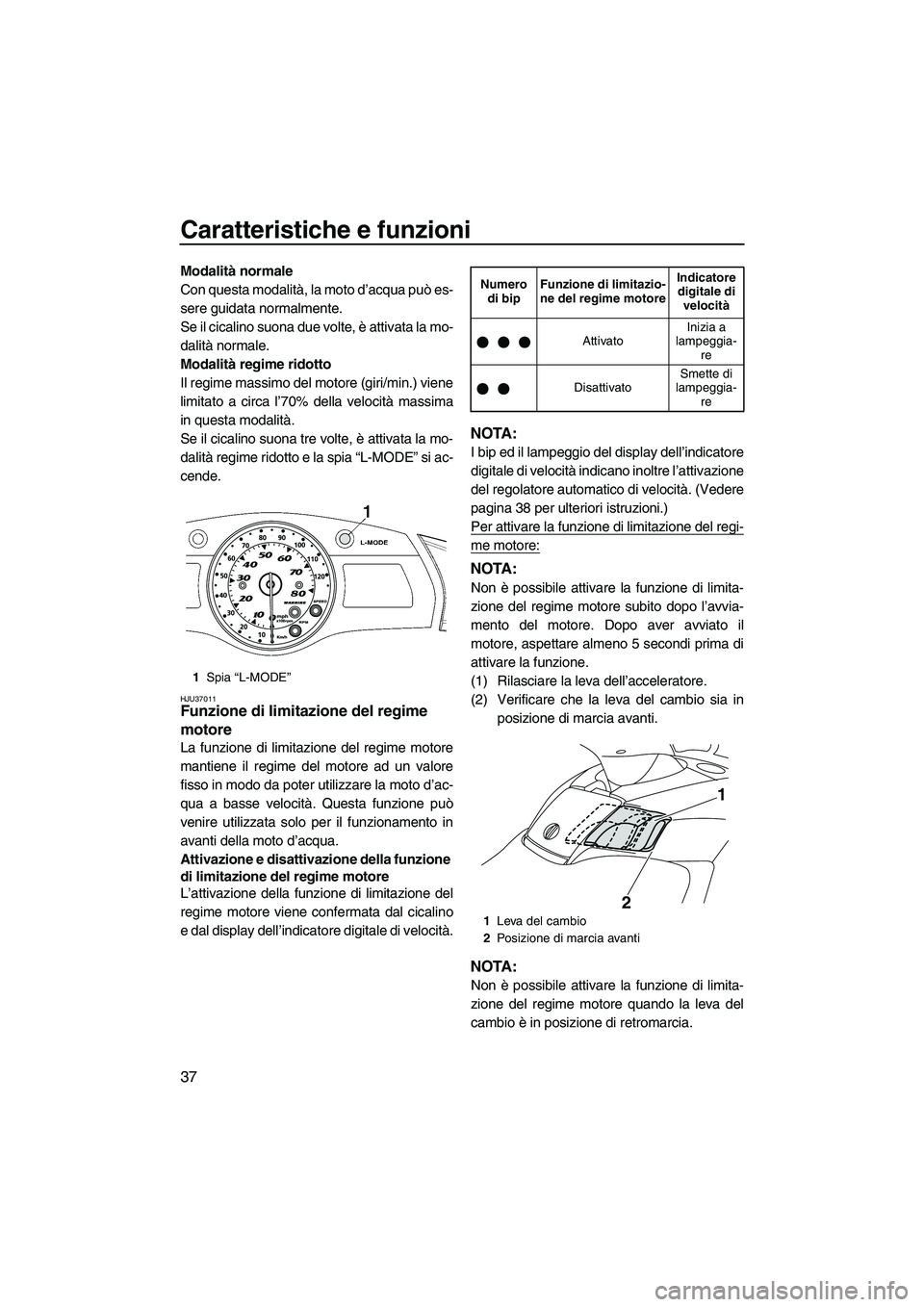 YAMAHA FX HO CRUISER 2009  Manuale duso (in Italian) Caratteristiche e funzioni
37
Modalità normale
Con questa modalità, la moto d’acqua può es-
sere guidata normalmente.
Se il cicalino suona due volte, è attivata la mo-
dalità normale.
Modalità