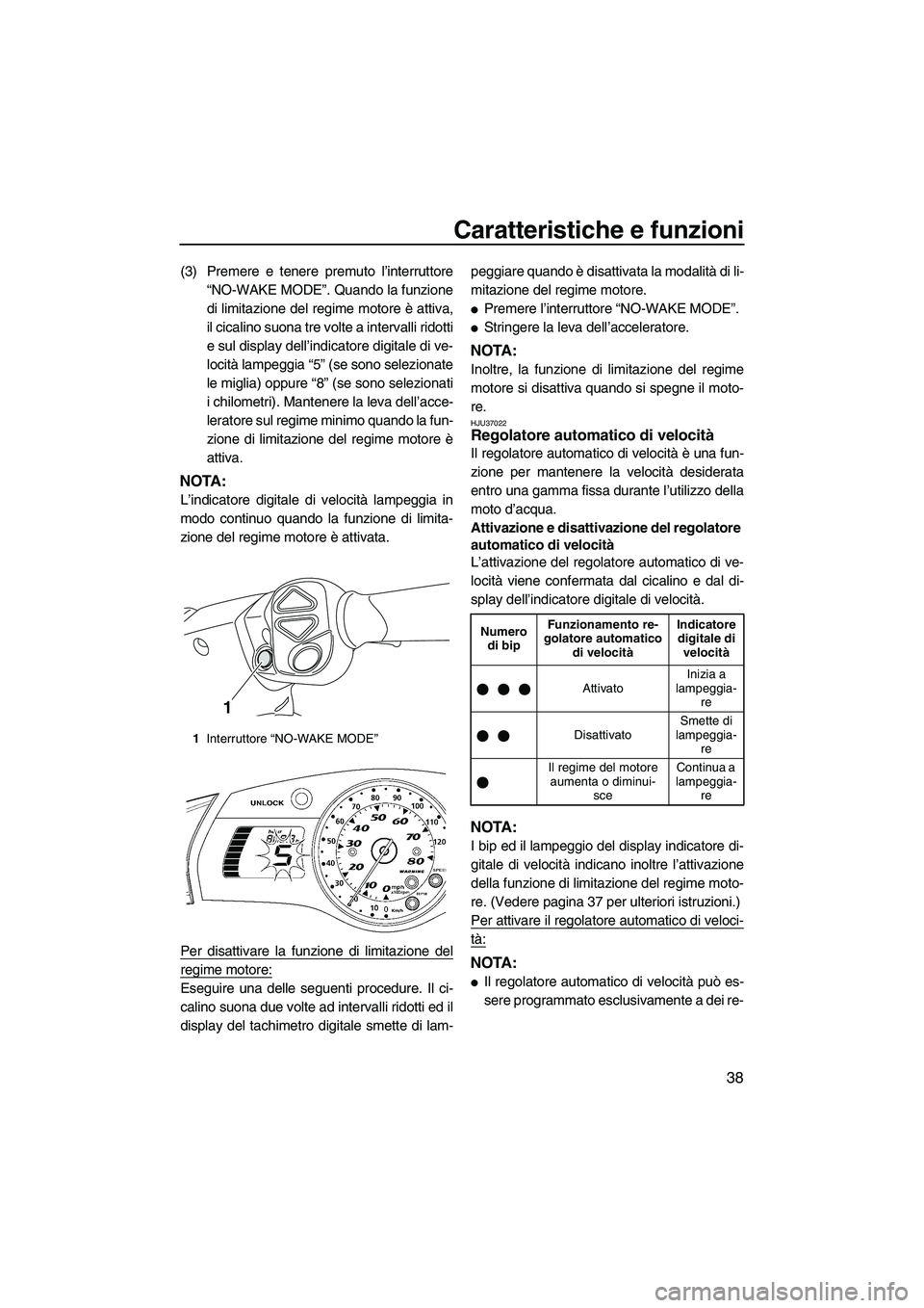 YAMAHA FX HO CRUISER 2009  Manuale duso (in Italian) Caratteristiche e funzioni
38
(3) Premere e tenere premuto l’interruttore
“NO-WAKE MODE”. Quando la funzione
di limitazione del regime motore è attiva,
il cicalino suona tre volte a intervalli 