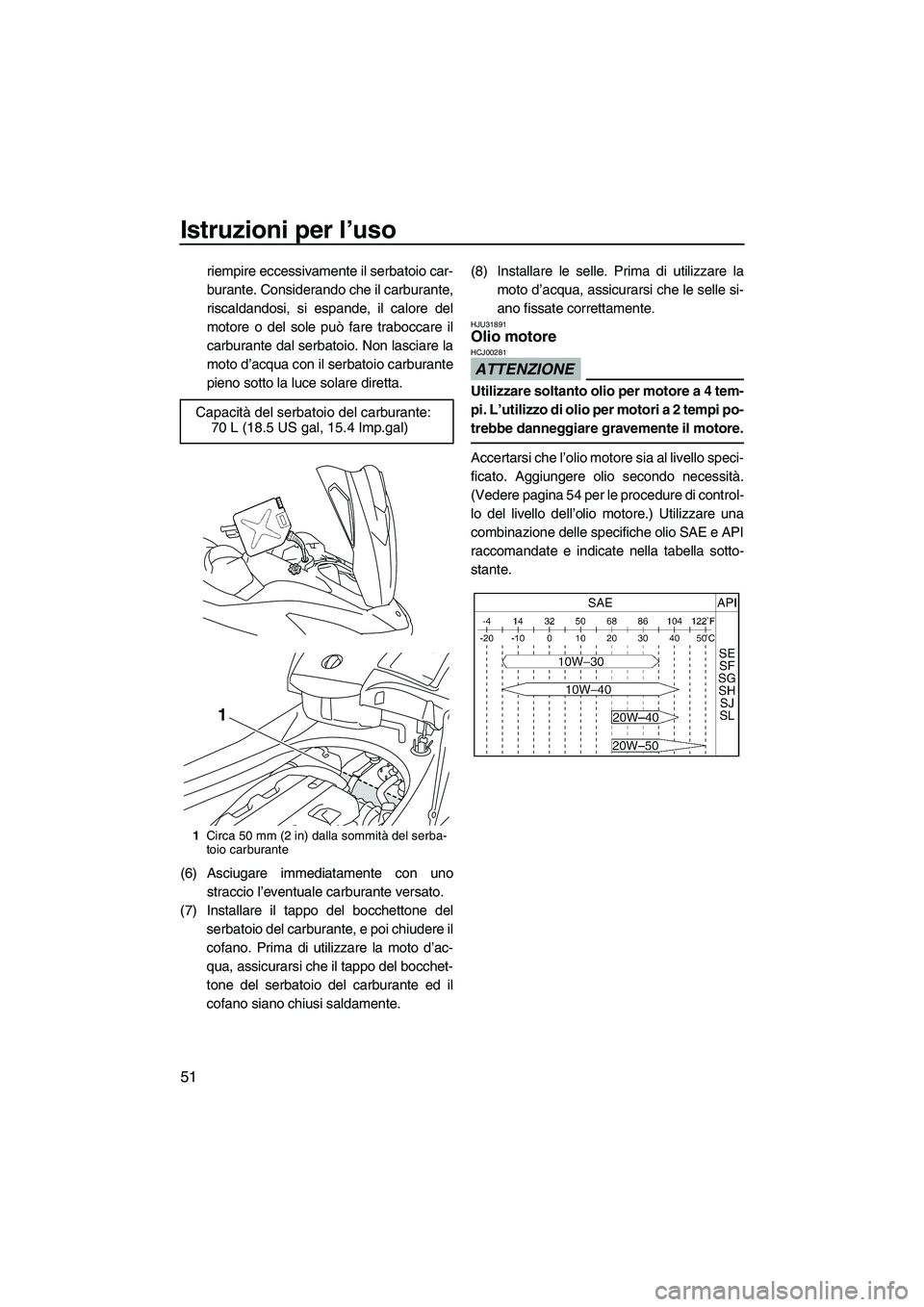 YAMAHA FX HO CRUISER 2009  Manuale duso (in Italian) Istruzioni per l’uso
51
riempire eccessivamente il serbatoio car-
burante. Considerando che il carburante,
riscaldandosi, si espande, il calore del
motore o del sole può fare traboccare il
carburan