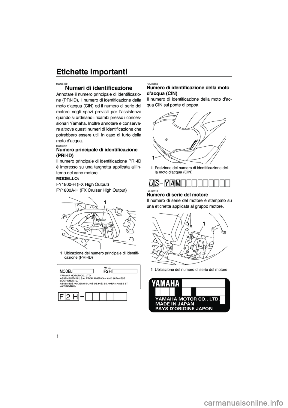 YAMAHA FX HO CRUISER 2009 Manuale duso (in Italian) Etichette importanti
1
HJU36450
Numeri di identificazione
Annotare il numero principale di identificazio-
ne (PRI-ID), il numero di identificazione della
moto d’acqua (CIN) ed il numero di serie de YAMAHA FX HO CRUISER 2009 Manuale duso (in Italian) Etichette importanti
1
HJU36450
Numeri di identificazione
Annotare il numero principale di identificazio-
ne (PRI-ID), il numero di identificazione della
moto d’acqua (CIN) ed il numero di serie de