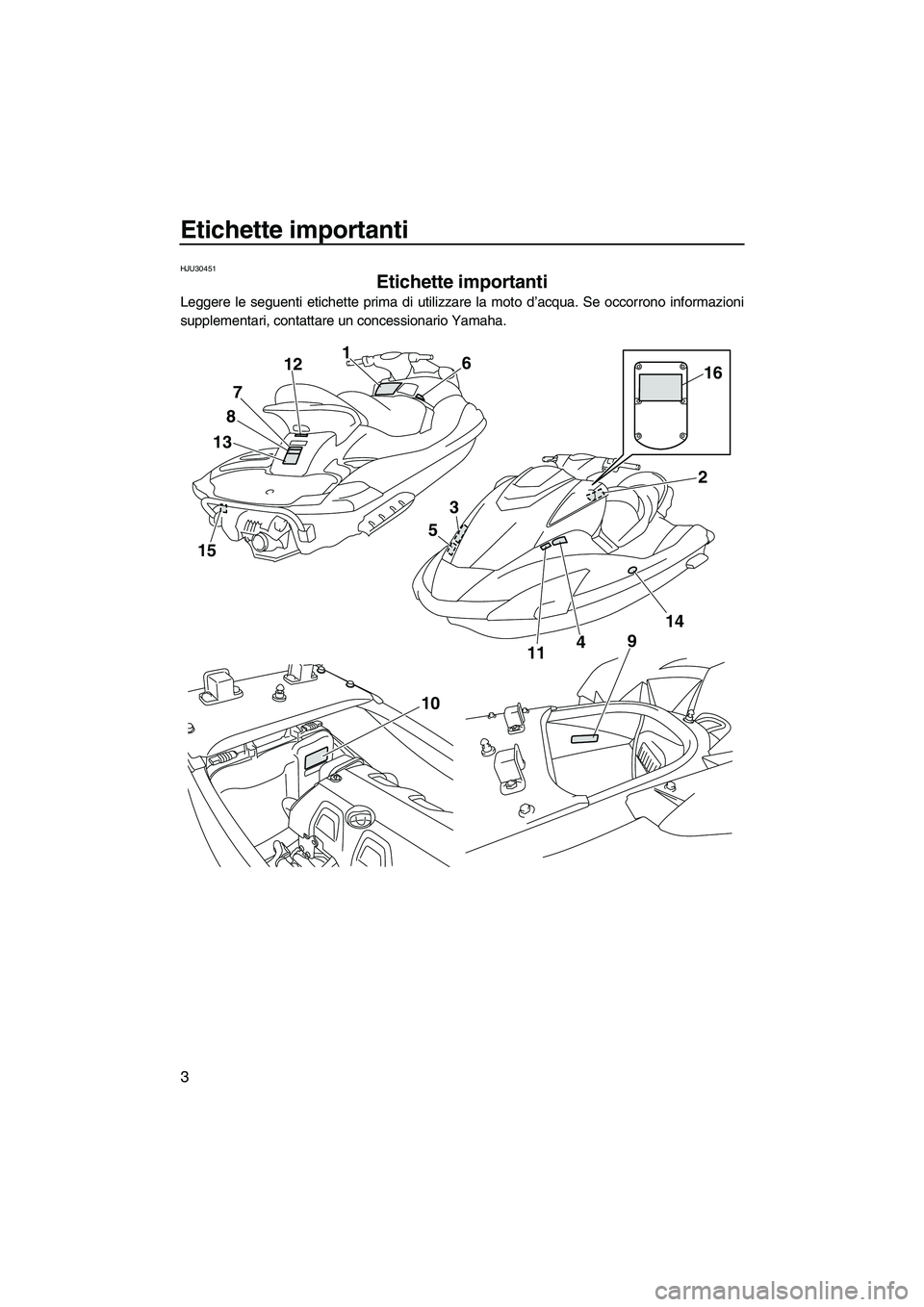 YAMAHA FX HO CRUISER 2009  Manuale duso (in Italian) Etichette importanti
3
HJU30451
Etichette importanti 
Leggere le seguenti etichette prima di utilizzare la moto d’acqua. Se occorrono informazioni
supplementari, contattare un concessionario Yamaha.