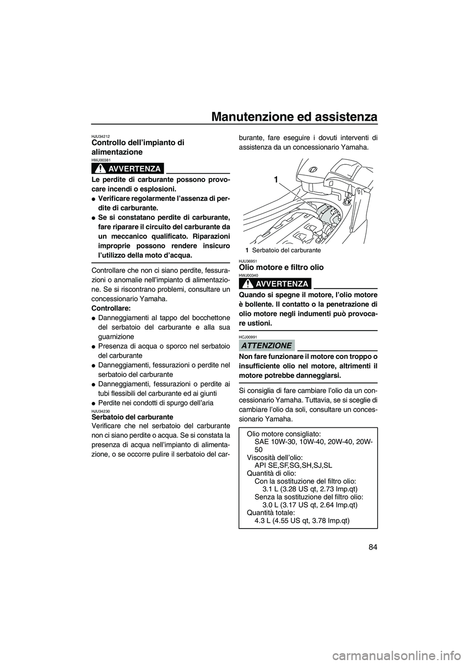 YAMAHA FX HO CRUISER 2009  Manuale duso (in Italian) Manutenzione ed assistenza
84
HJU34212Controllo dell’impianto di 
alimentazione 
AVVERTENZA
HWJ00381
Le perdite di carburante possono provo-
care incendi o esplosioni.
Verificare regolarmente l’a
