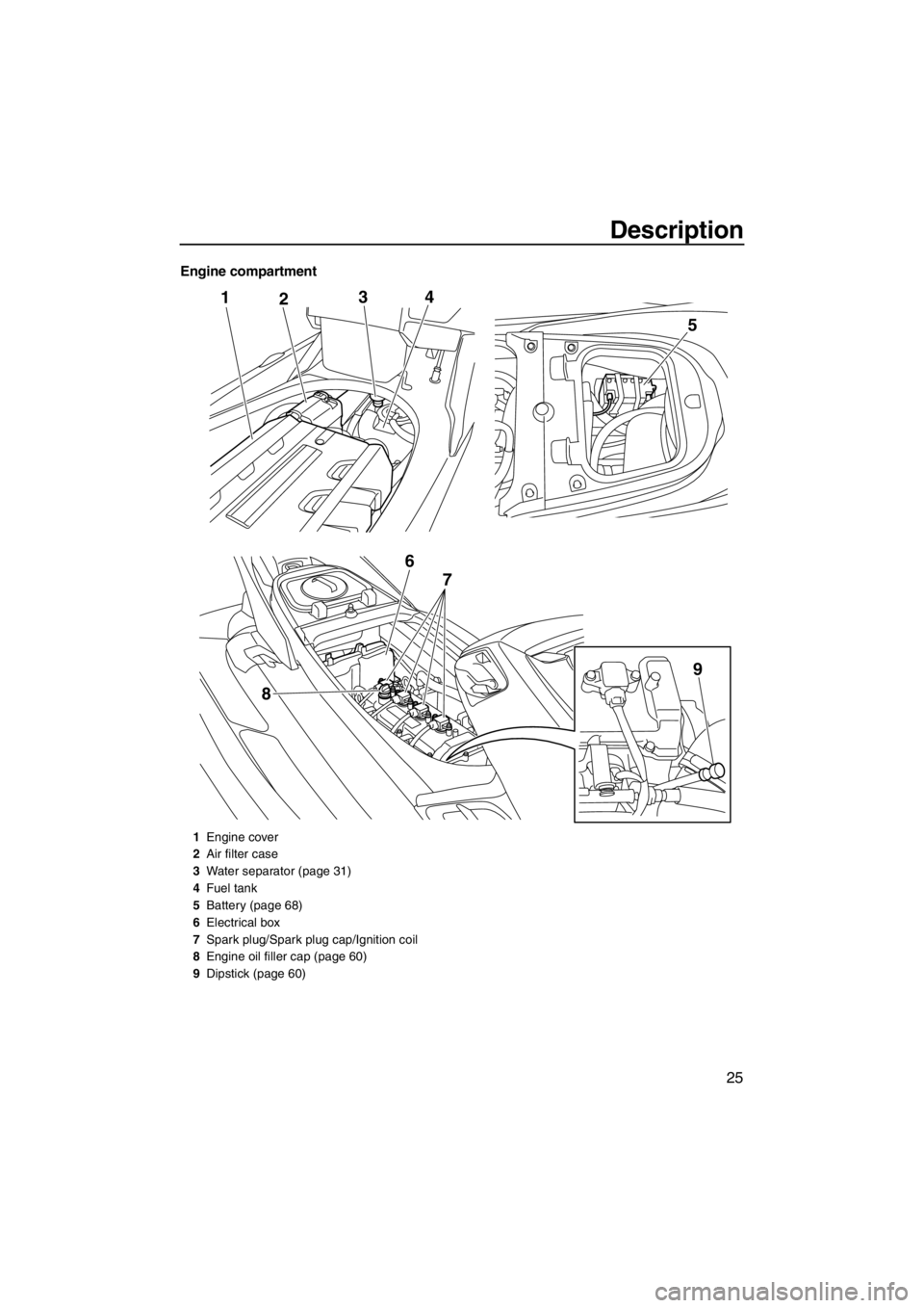 YAMAHA FX SHO 2012 Owners Guide Description
25
Engine compartment
124
8
5
3
6
7
9
1Engine cover
2Air filter case
3Water separator (page 31)
4Fuel tank
5Battery (page 68)
6Electrical box
7Spark plug/Spark plug cap/Ignition coil
8Engi