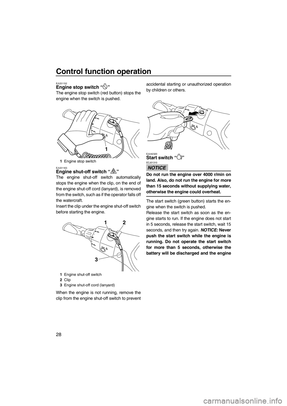 YAMAHA FX SHO 2012 Owners Guide Control function operation
28
EJU31152Engine stop switch “ ”
The engine stop switch (red button) stops the
engine when the switch is pushed.
EJU31163Engine shut-off switch “ ”
The engine shu YAMAHA FX SHO 2012 Owners Guide Control function operation
28
EJU31152Engine stop switch “ ”
The engine stop switch (red button) stops the
engine when the switch is pushed.
EJU31163Engine shut-off switch “ ”
The engine shu