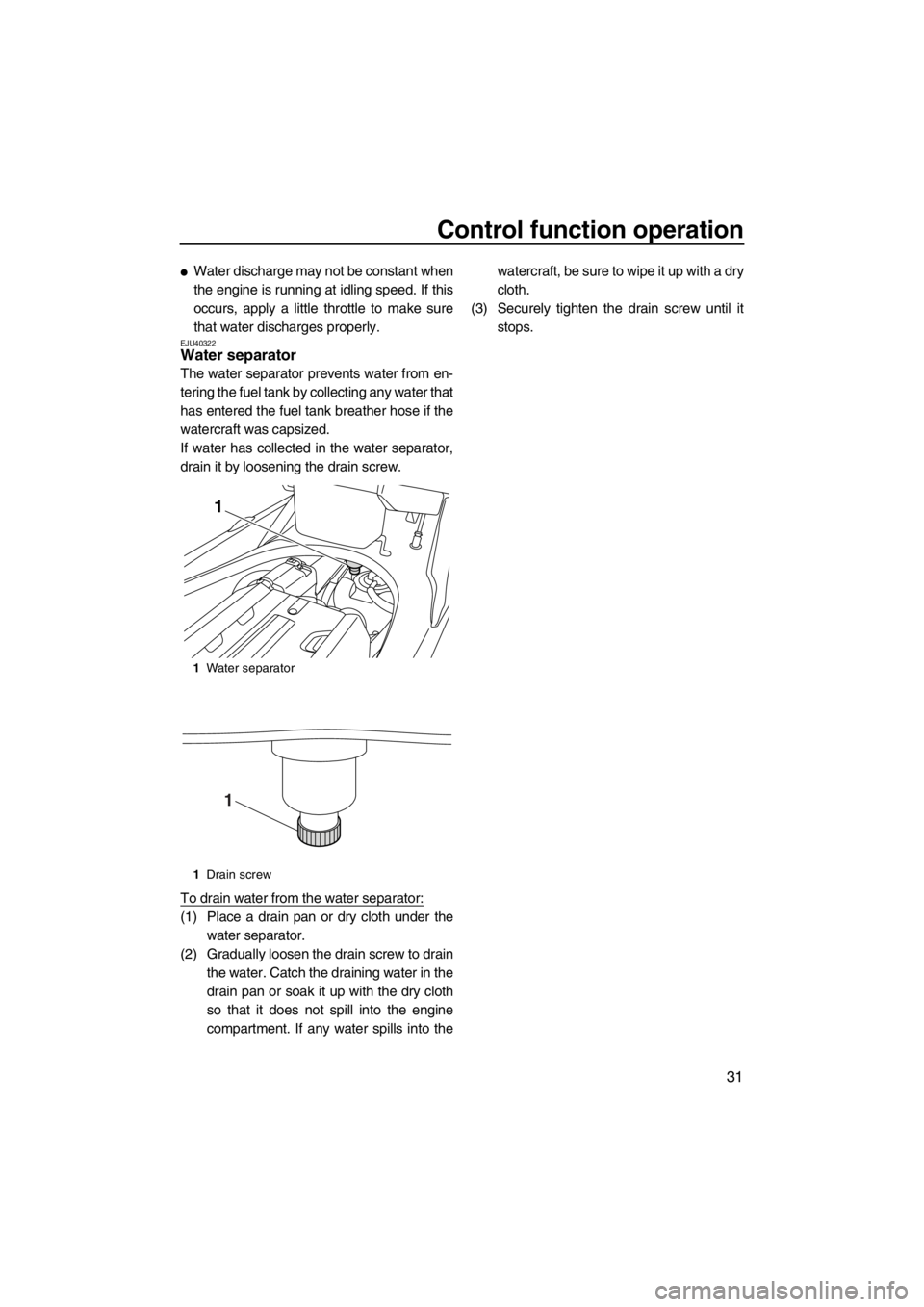 YAMAHA FX SHO 2012 Owners Guide Control function operation
31
●Water discharge may not be constant when
the engine is running at idling speed. If this
occurs, apply a little throttle to make sure
that water discharges properly.
EJ