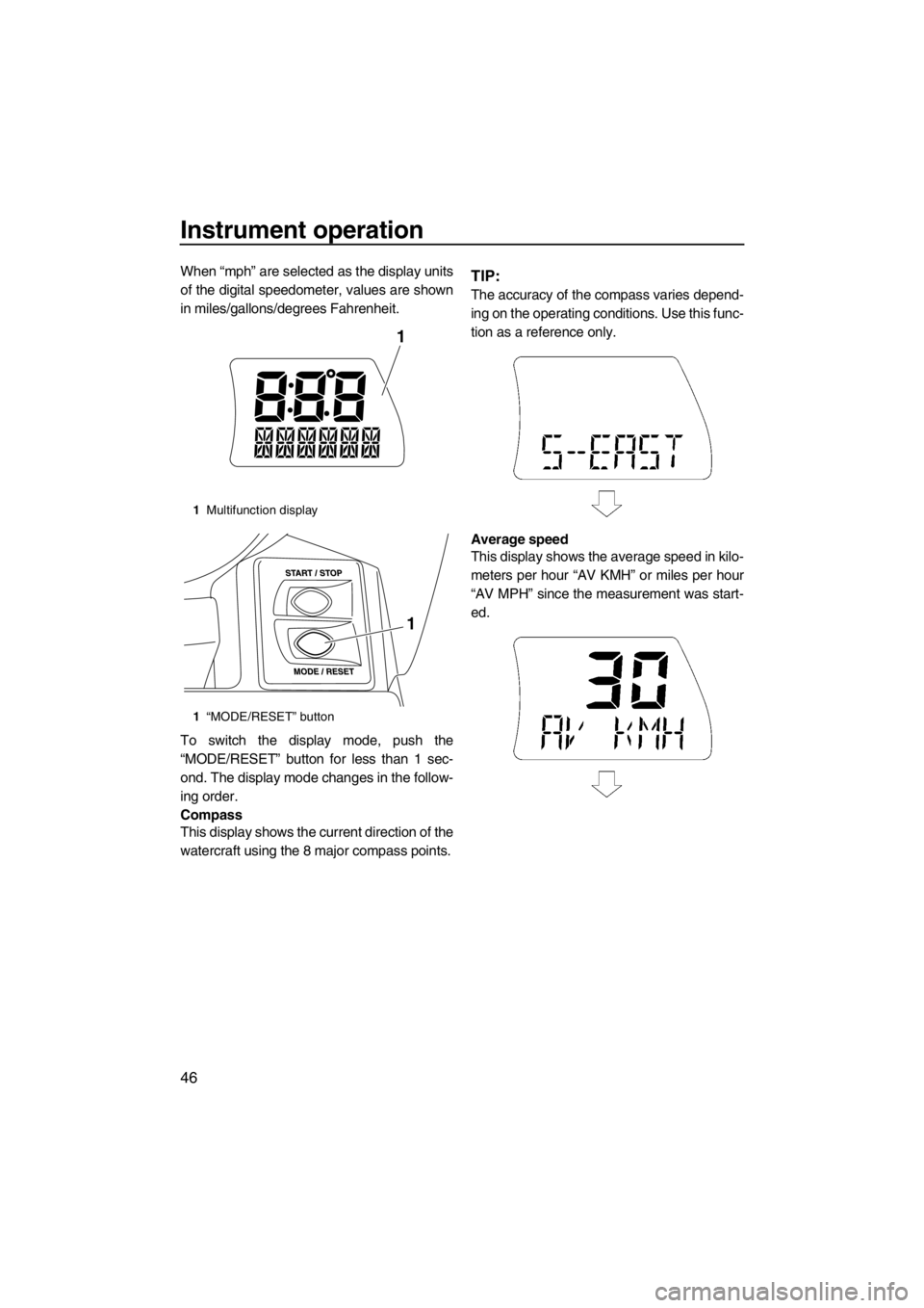 YAMAHA SVHO CRUISER 2012 Workshop Manual Instrument operation
46
When “mph” are selected as the display units
of the digital speedometer, values are shown
in miles/gallons/degrees Fahrenheit.
To switch the display mode, push the
“MODE/ YAMAHA SVHO CRUISER 2012 Workshop Manual Instrument operation
46
When “mph” are selected as the display units
of the digital speedometer, values are shown
in miles/gallons/degrees Fahrenheit.
To switch the display mode, push the
“MODE/
