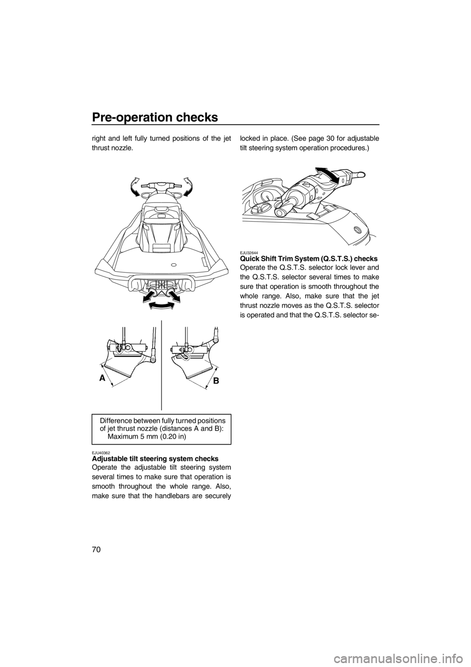 YAMAHA FX SHO 2012 Manual PDF Pre-operation checks
70
right and left fully turned positions of the jet
thrust nozzle.
EJU40362Adjustable tilt steering system checks
Operate the adjustable tilt steering system
several times to mak YAMAHA FX SHO 2012 Manual PDF Pre-operation checks
70
right and left fully turned positions of the jet
thrust nozzle.
EJU40362Adjustable tilt steering system checks
Operate the adjustable tilt steering system
several times to mak