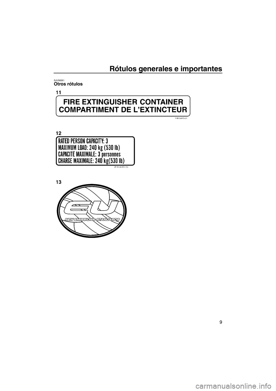 YAMAHA FX SHO 2012 Manuale de Empleo (in Spanish) Rótulos generales e importantes
9
SJU36261Otros rótulos
UF2S70S0.book Page 9 Thursday, December 8, 2011 3:09 PM YAMAHA FX SHO 2012 Manuale de Empleo (in Spanish) Rótulos generales e importantes
9
SJU36261Otros rótulos
UF2S70S0.book Page 9 Thursday, December 8, 2011 3:09 PM