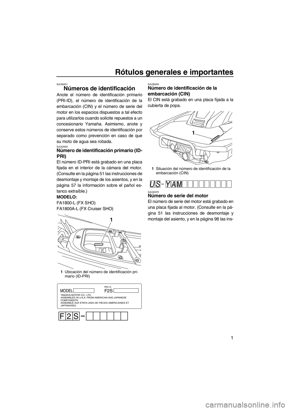 YAMAHA FX SHO 2012 Manuale de Empleo (in Spanish) Rótulos generales e importantes
1
SJU36451
Números de identificación
Anote el número de identificación primario
(PRI-ID), el número de identificación de la
embarcación (CIN) y el número de s YAMAHA FX SHO 2012 Manuale de Empleo (in Spanish) Rótulos generales e importantes
1
SJU36451
Números de identificación
Anote el número de identificación primario
(PRI-ID), el número de identificación de la
embarcación (CIN) y el número de s