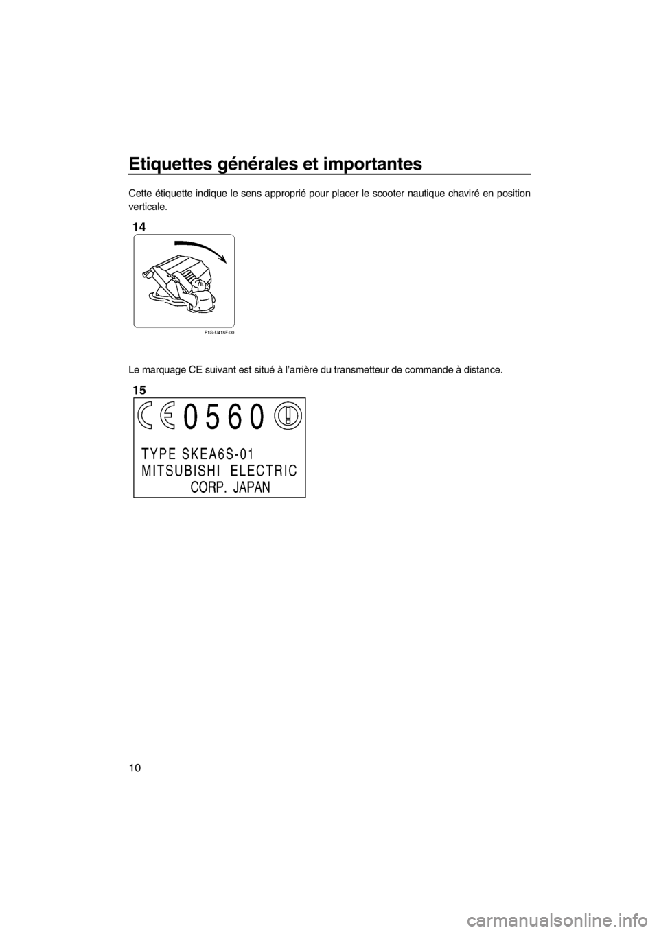 YAMAHA FX SHO 2012 Notices Demploi (in French) Etiquettes générales et importantes
10
Cette étiquette indique le sens approprié pour placer le scooter nautique chaviré en position
verticale.
Le marquage CE suivant est situé à l’arrière d YAMAHA FX SHO 2012 Notices Demploi (in French) Etiquettes générales et importantes
10
Cette étiquette indique le sens approprié pour placer le scooter nautique chaviré en position
verticale.
Le marquage CE suivant est situé à l’arrière d
